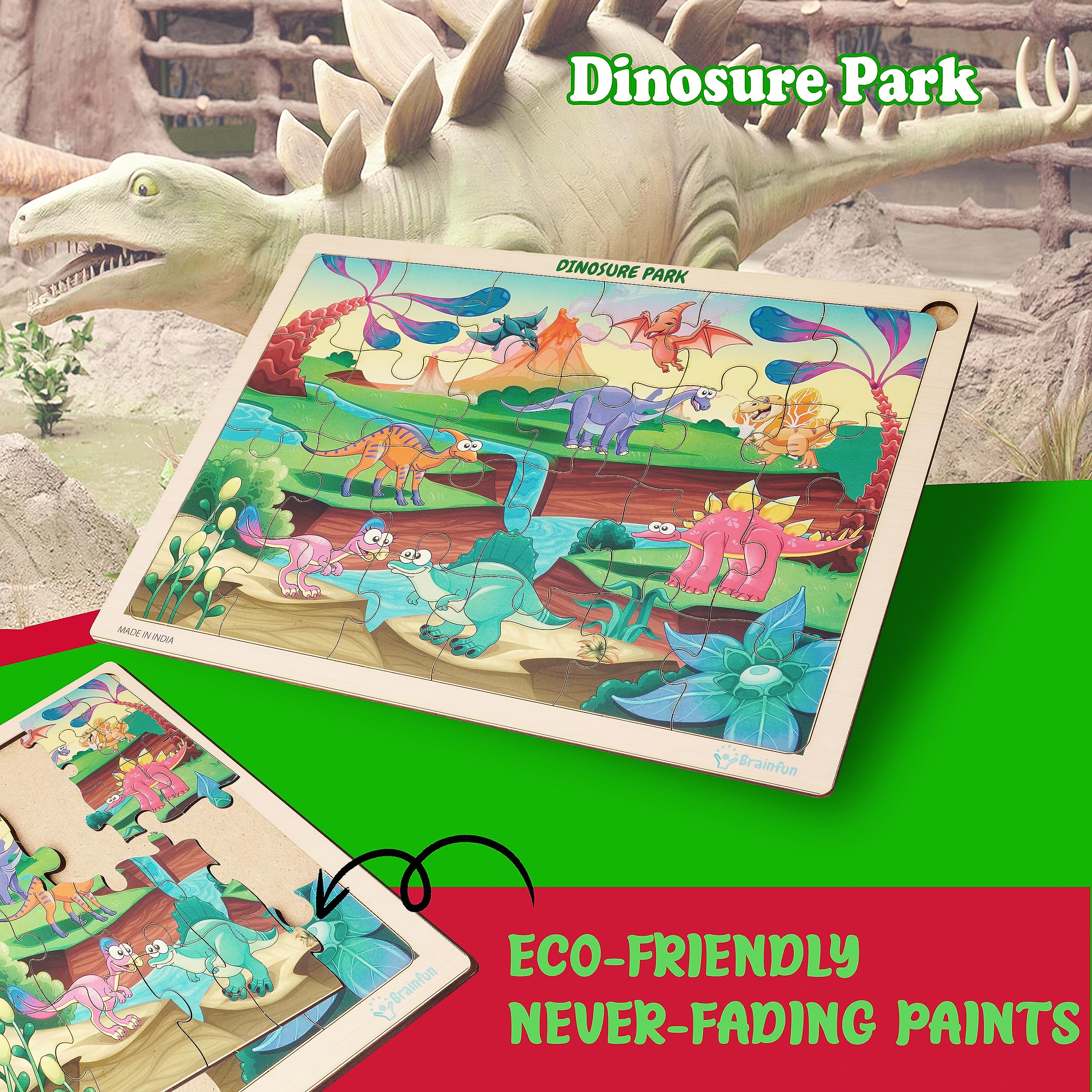 Lefan Wooden Jigsaw Puzzle - Dinosaur Park 24-Piece Educational Toy for Kids Ages 3-5 | STEM Learning Puzzle for Preschoolers | Fun Classroom & Birthday Gift Activity