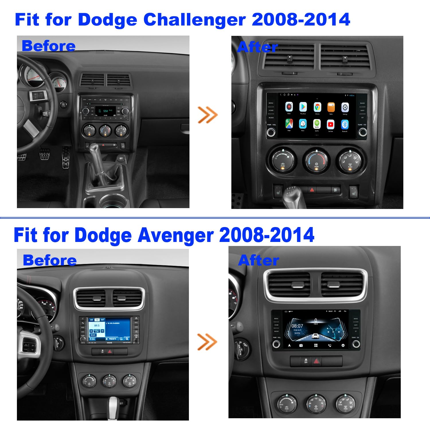 Dodge Avenger & Challenger Car Stereo Upgrade 2008-2014 | Android 13 Touchscreen Radio with Wireless CarPlay & Android Auto | Steering Wheel Control | Backup Camera Included | Perfect for Road Trips & Daily Commutes