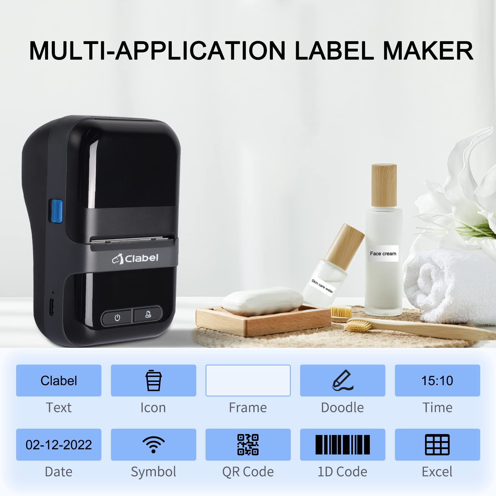 CLABEL 2 Inch Bluetooth Thermal Label Printer - Portable Barcode Sticker Maker Machine with 1 Roll Tape, No Ink Needed for Small Business, Office & Home Use | Perfect for Shipping Labels, Inventory Management & Organization (Black)
