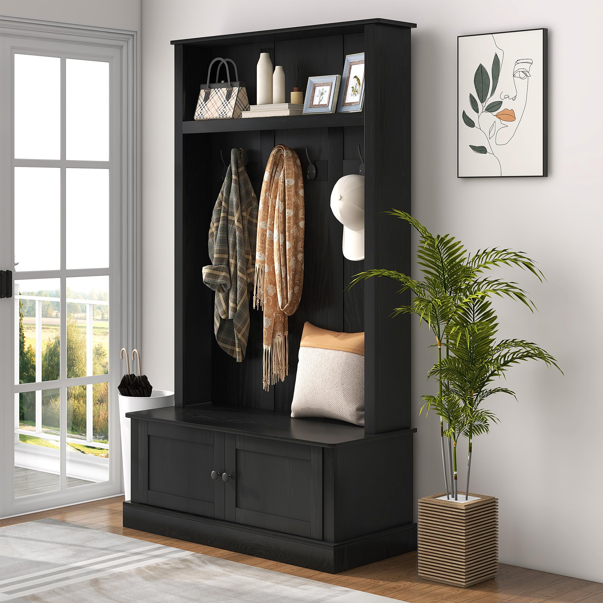 HOMCOM Entryway Bench with Storage & Hooks - Hall Tree Coat Rack, Shoe Storage Cabinet & Shelf - Sturdy Mudroom Bench for Hallway, Living Room & Entryway Organization - Black