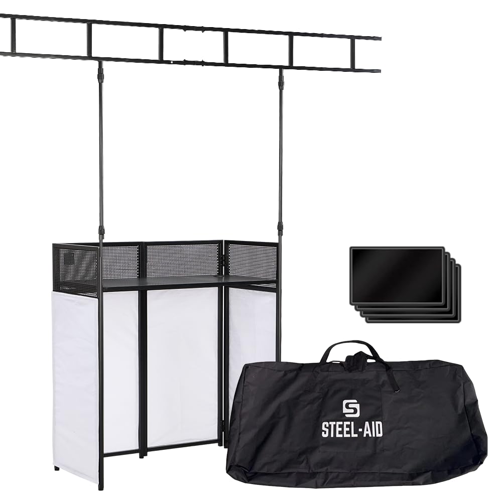 STEEL-AID Foldable Portable DJ Controller Stand with I-Beam Light Truss System & Carry Case - Professional DJ Booth for Recording Studio, Live Performances & Events (Black/White Panels) - Perfect for Clubs, Weddings & Mobile DJ Setups