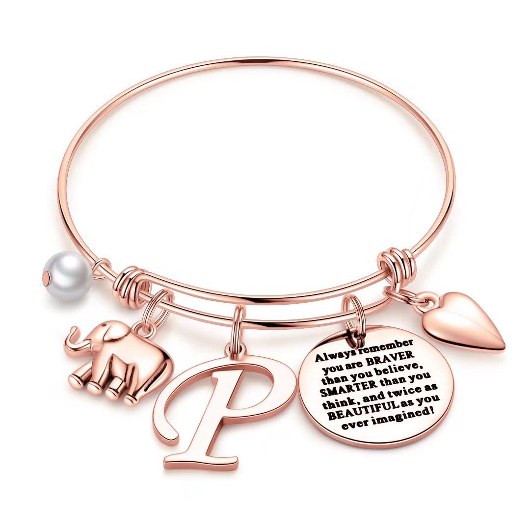 Rose Gold Initial Elephant Charm Bracelet for Women & Girls - Personalized Inspirational Jewelry Gift for Mom, Daughter, Friends - Birthday, Graduation, Friendship Day Gift Idea