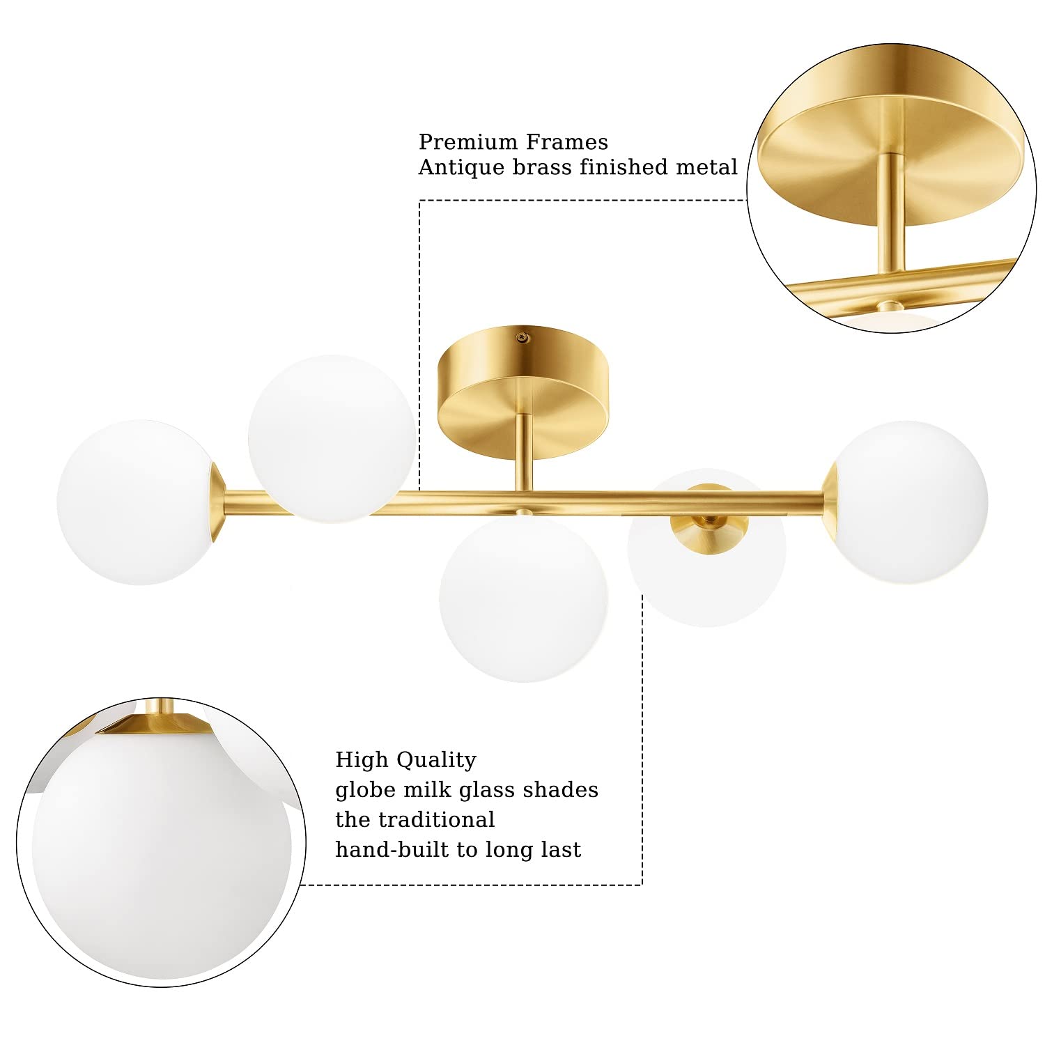 Vintage Brass Bathroom Vanity Lights - 5-Light Mid Century Modern Fixture with Milk Glass Globes, Gold Finish, G9 Base - Perfect for Bathroom, Powder Room & Dressing Area Lighting