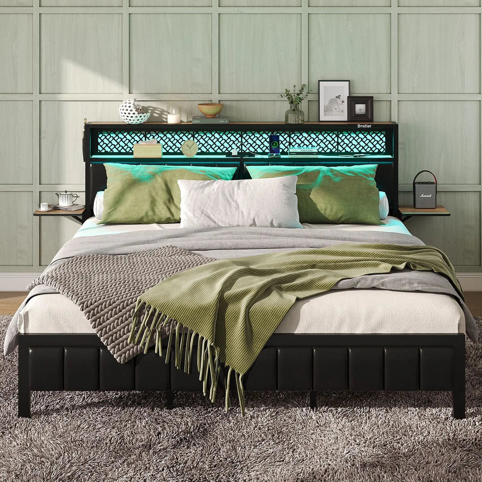Bestier King/Queen/Full Size Bed Frame with USB Charging Station - Sturdy Metal Platform Bed with Headboard & LED Lights - Perfect for Modern Bedrooms & Guest Rooms