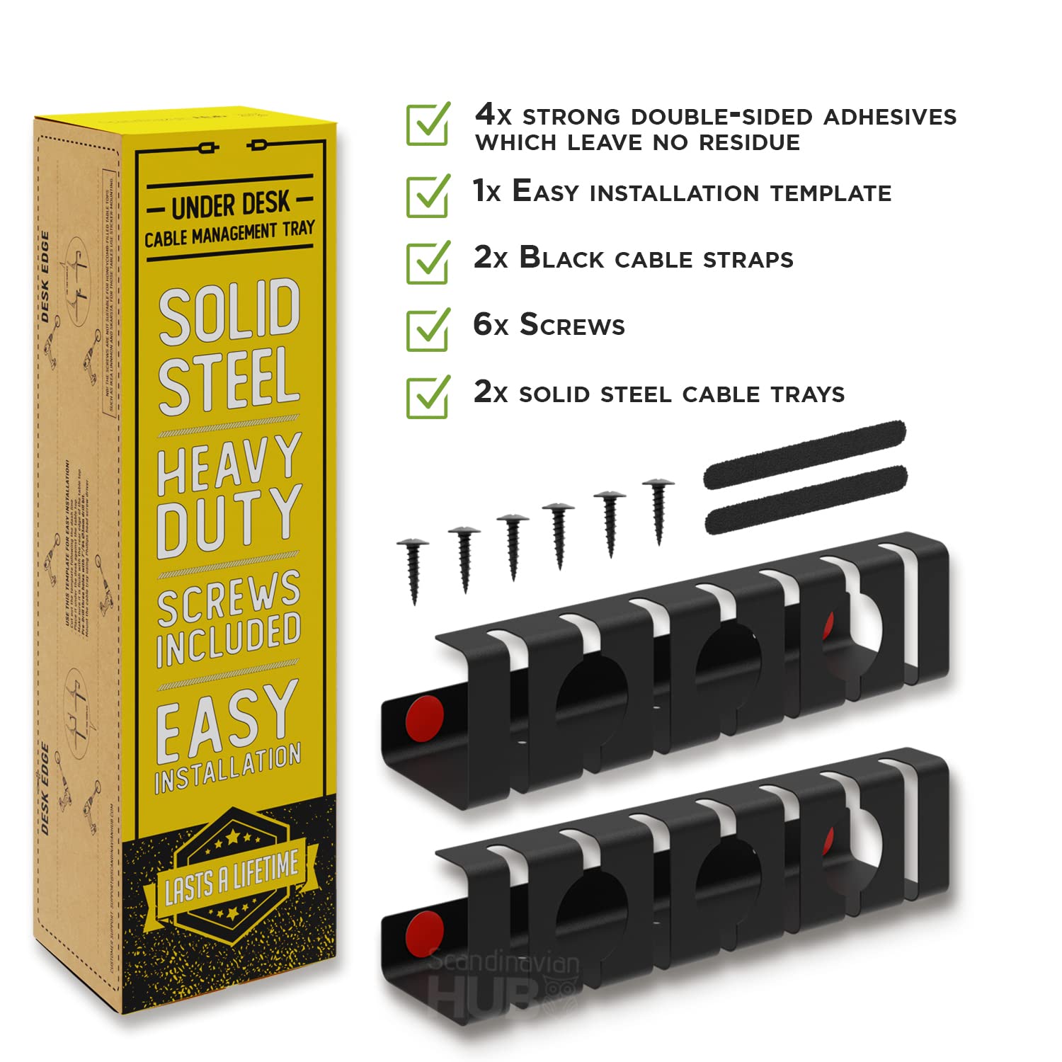 Under Desk Cable Management Tray - No Drill Wire Organizer for Glass & Standing Desks, Black (Set of 2) - Keep Workspace Neat for Home Office & Gaming Setup