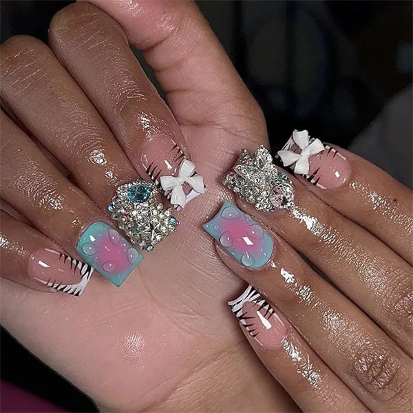 24Pcs Short Square Fake Press on Nails - Zebra Stripes & French Tip Design, Acrylic Nail Art for Manicure | Perfect for Parties, Weddings & Everyday Wear
