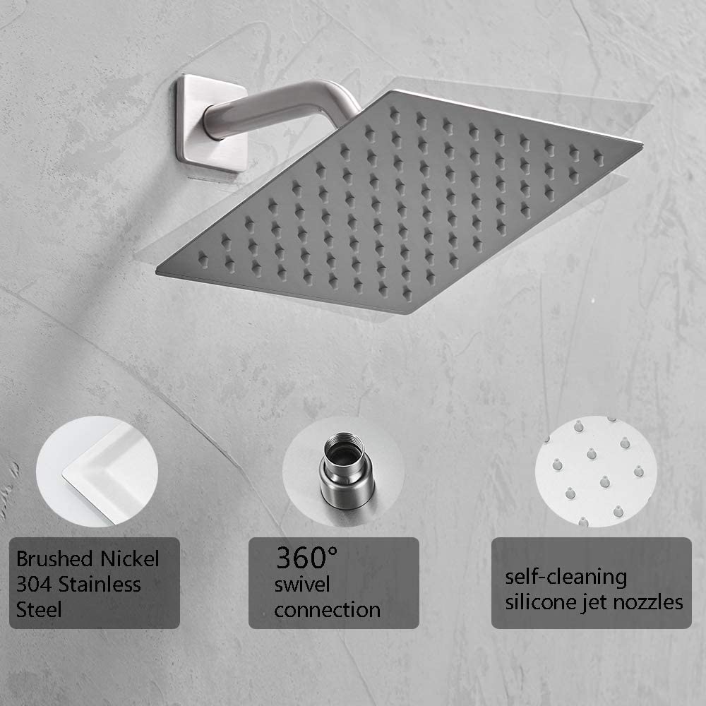Brushed Nickel Rainfall Shower System - 8 Inch Wall Mounted Shower Head with Handle, Rough-in Valve & Trim Kit | Modern Bathroom Upgrade for Spa-Like Experience