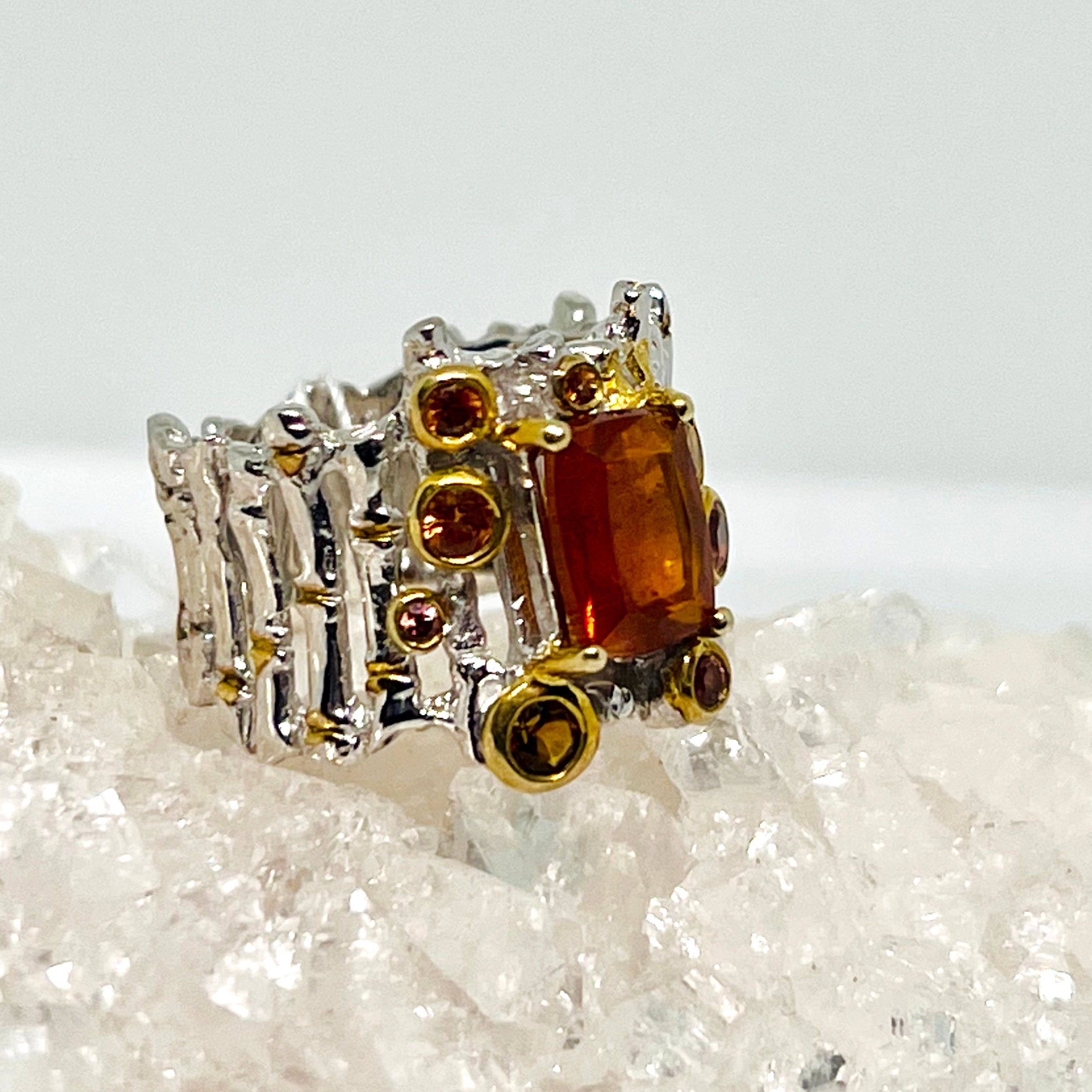 Orange Kyanite Cushion Cut Ring with Tourmaline & Sapphire - Size 8 - Designer Jewelry for Women | Perfect for Weddings, Anniversaries & Special Occasions