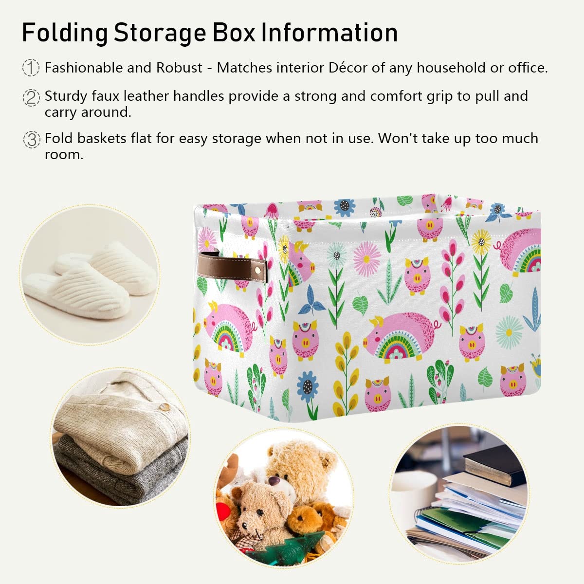 Stylized Pigs & Flowers Foldable Fabric Storage Bins - Large Capacity Closet Organizers with Reinforced Handles (2-Pack) - Perfect for Bedroom, Closet, Nursery & Kids Room Organization