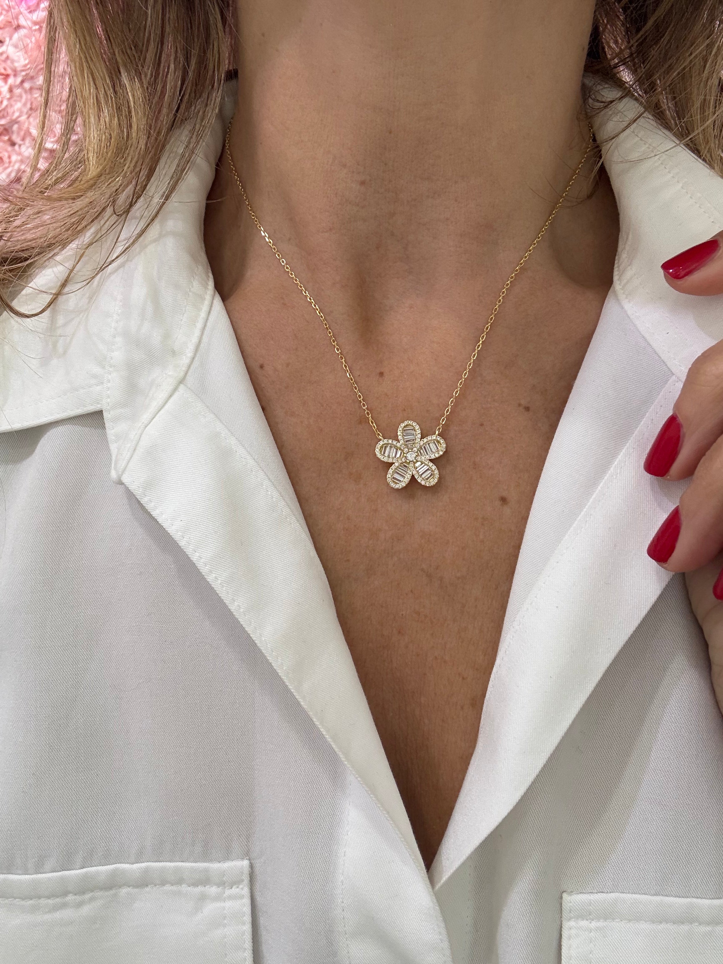 Elegant Baguette Flower Necklace for Women - Dainty Floral Pendant Jewelry Gift for Her - Perfect for Weddings, Date Nights & Special Occasions