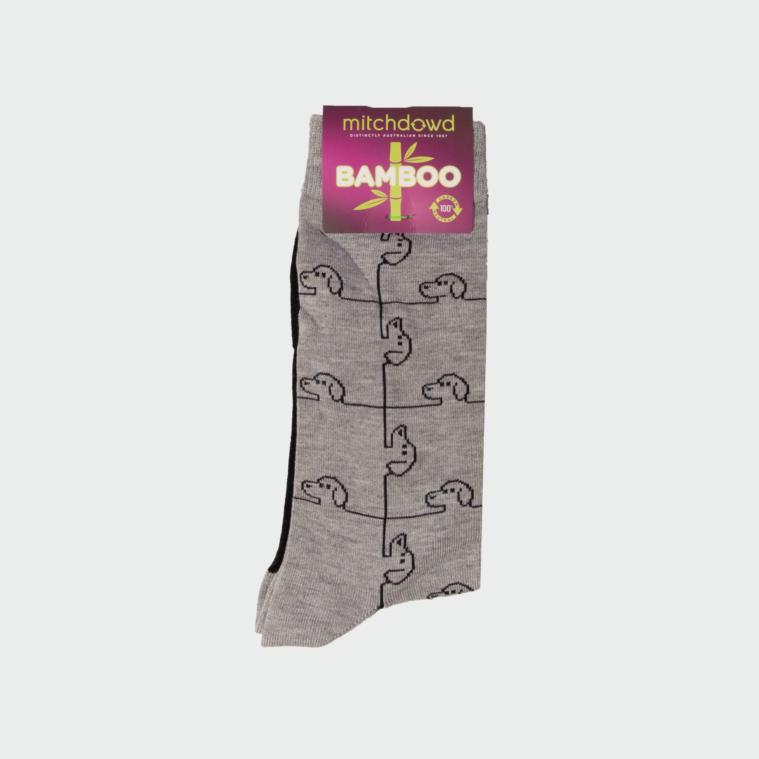 **Men's Bamboo Crew Socks with Dog Check Pattern - Grey Marle - Comfortable & Breathable for Casual Wear, Work & Outdoor Activities**