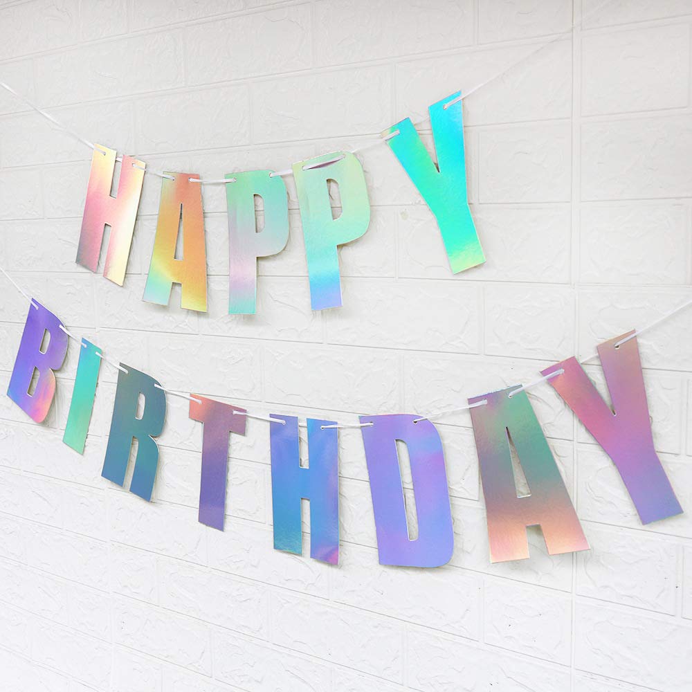 Pre-Strung Holographic Happy Birthday Banner - Iridescent White Party Decor - No DIY Hanging Bunting Garland for Birthday Parties, Baby Showers & Celebrations