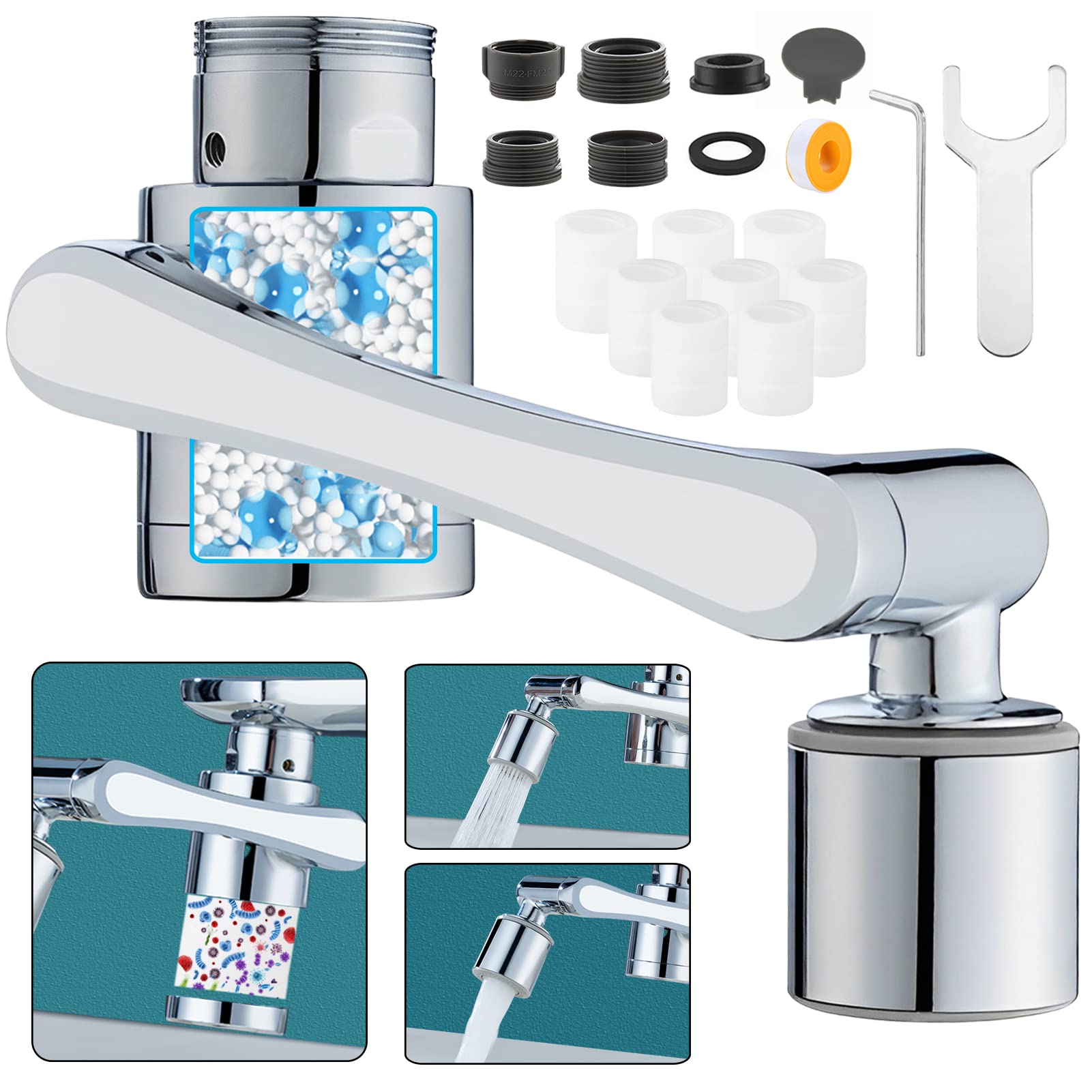 360° Swivel Faucet Extender with 2 Spray Modes - High Pressure Splash Filter Aerator with 8 Replaceable Water Purifiers - Perfect for Kitchen Sink, Bathroom Vanity & Pet Washing Station