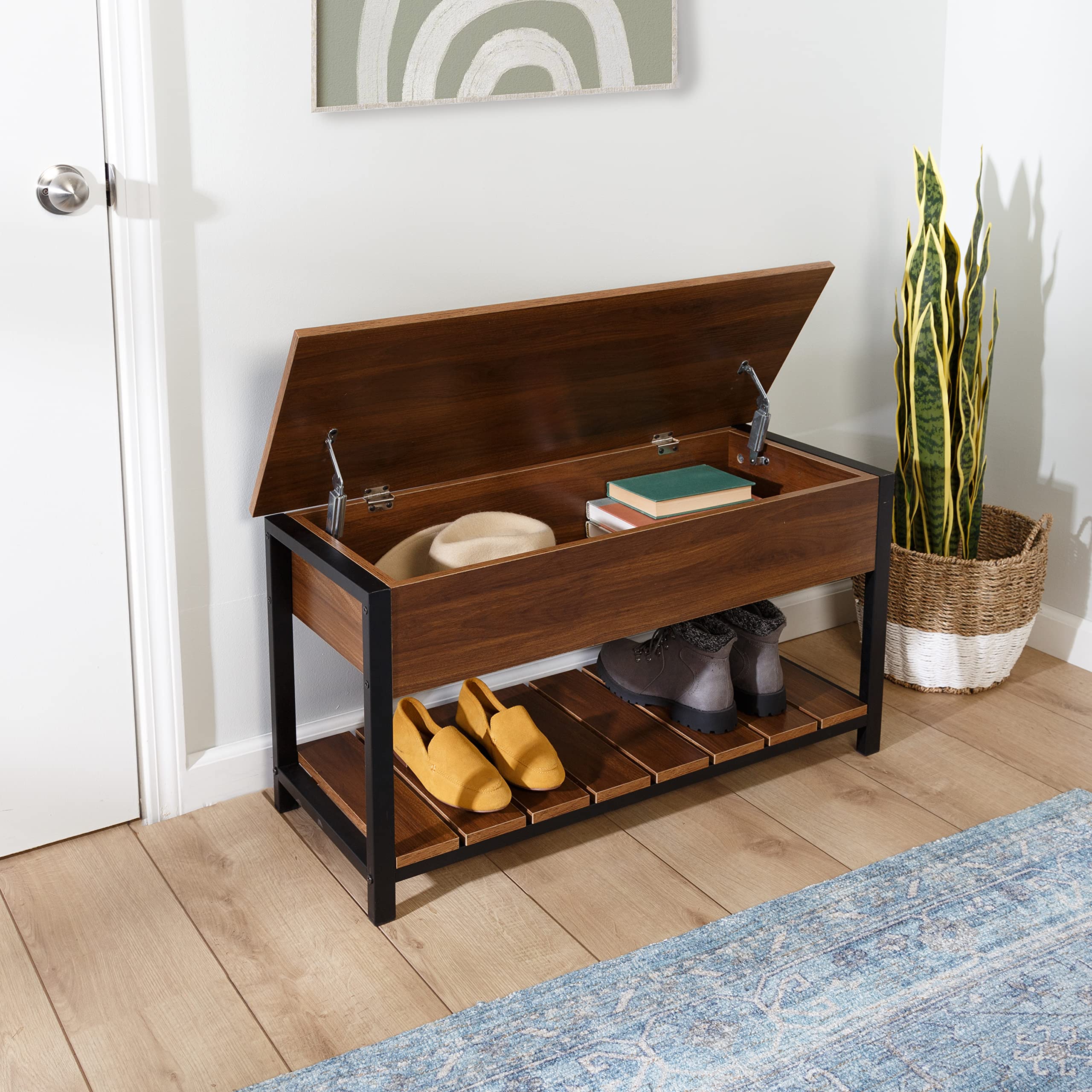 Honey-Can-Do Entryway Shoe Storage Bench with 250 lbs Weight Capacity - Walnut Finish STO-09776 | Perfect for Mudroom, Hallway & Small Space Organization