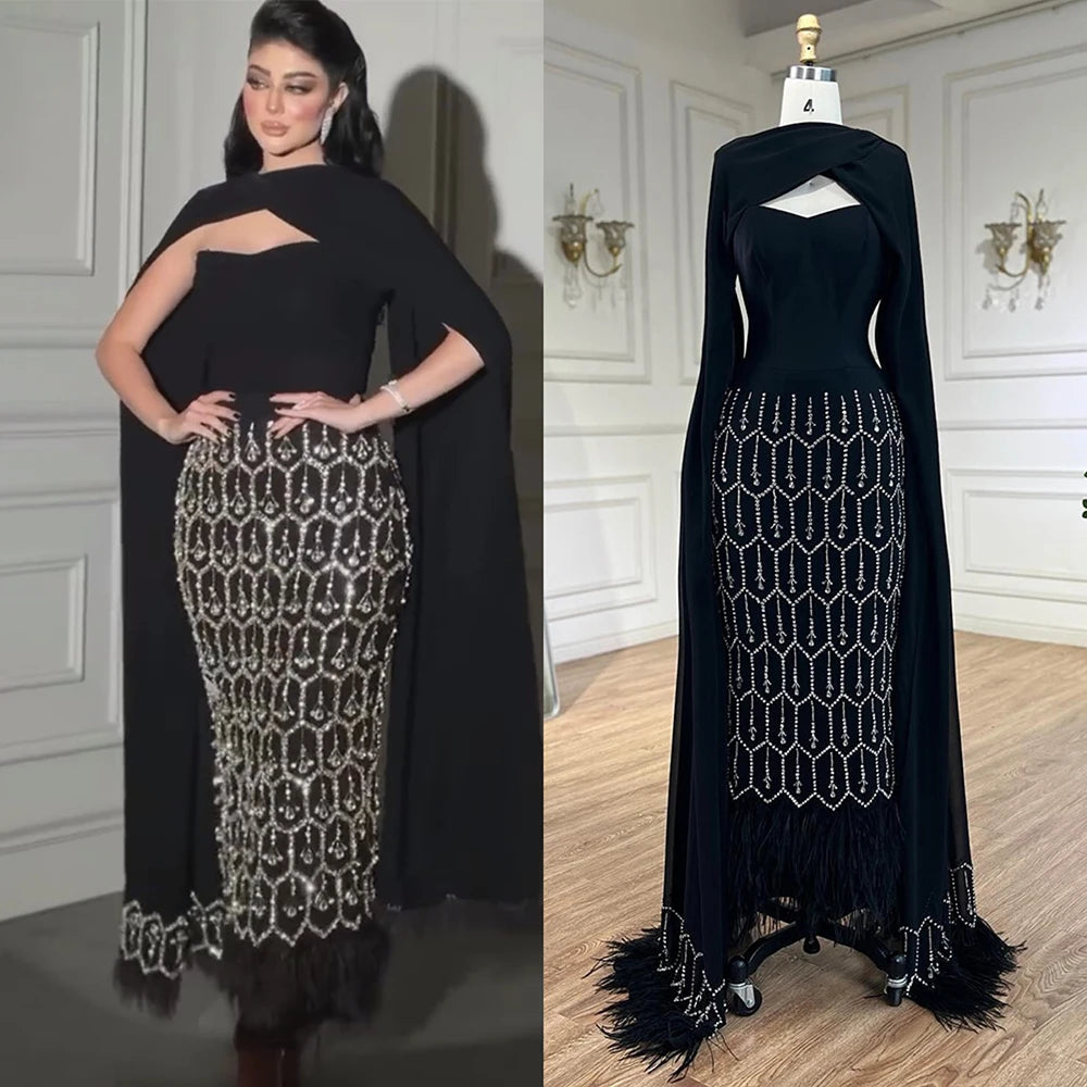 Elegant Black Mermaid Evening Dress with Cape Feather - Arabic Prom Formal Gown for Women | Perfect for Weddings, Parties & Special Occasions | Serene Hill LA72410
