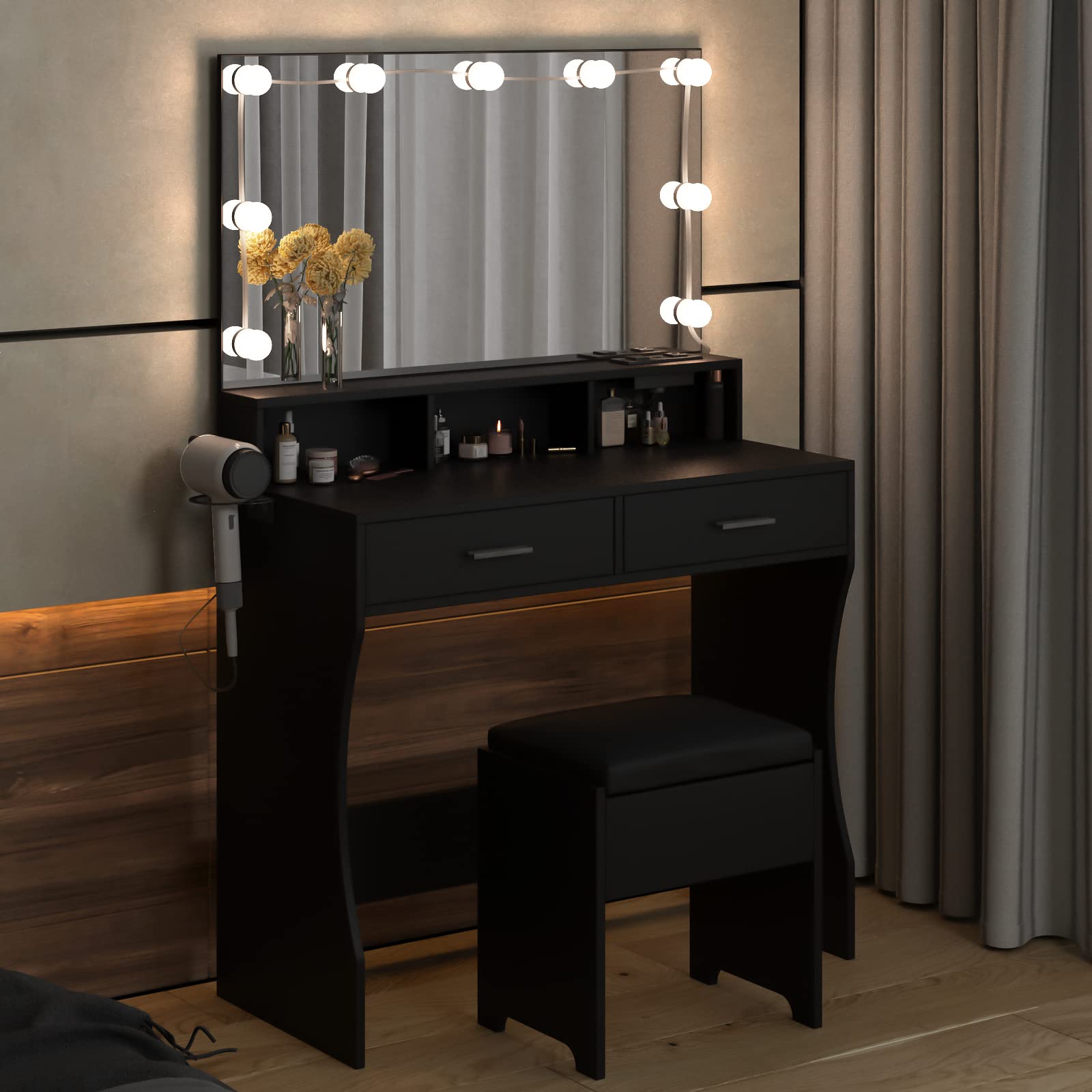 Vabches Makeup Vanity with LED Lighted Mirror & Power Outlet - Adjustable Brightness, 3 Lighting Colors, White Vanity Desk Set (31.5