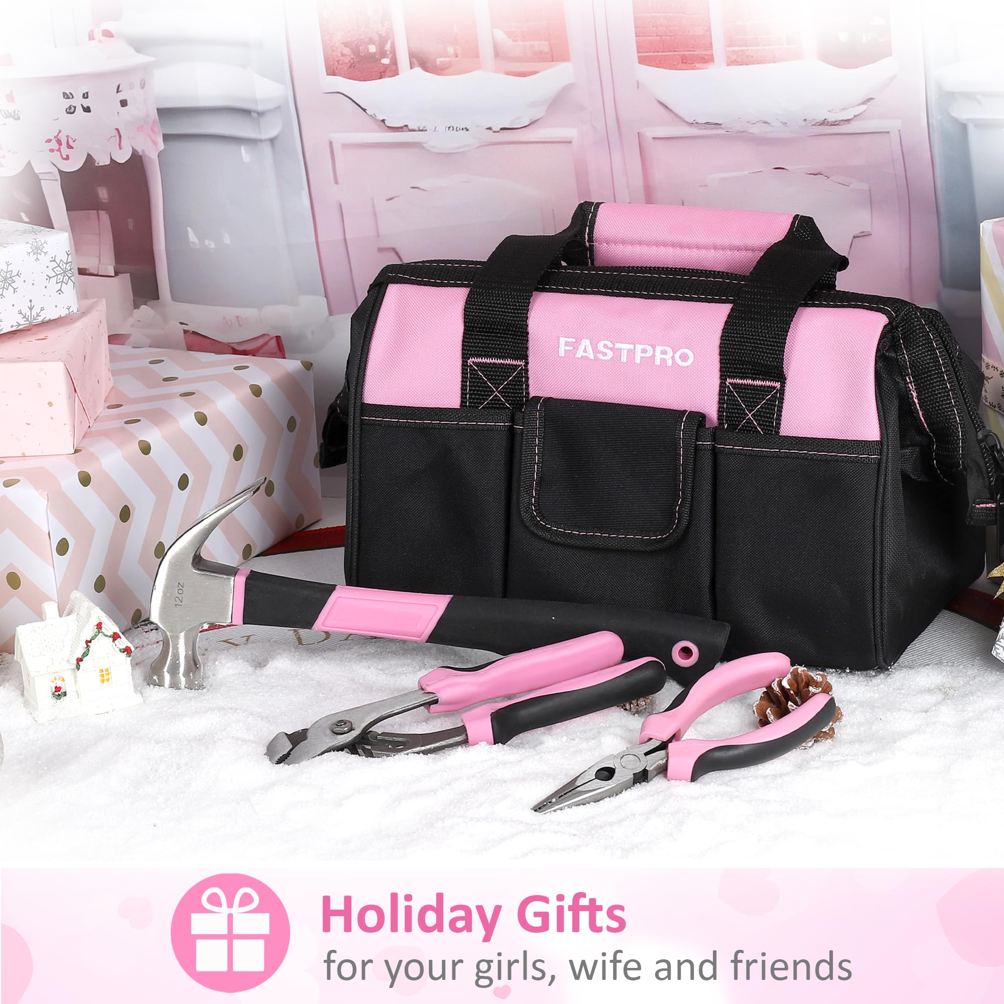 FASTPRO 220-Piece Pink Home Repair Tool Kit for Women - 12-Inch Wide Mouth Storage Tool Bag with Essential Hand Tools | Perfect for DIY Projects, Household Repairs & Crafting