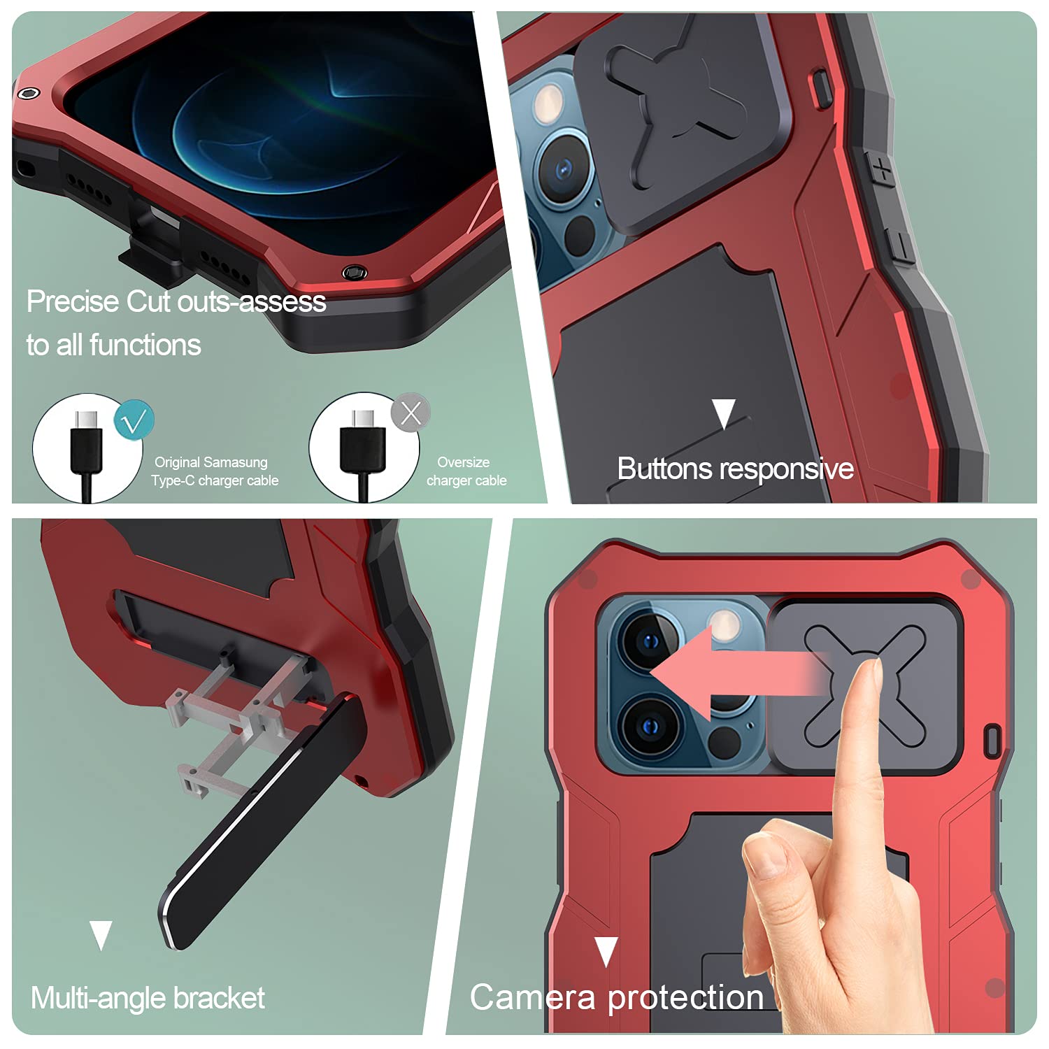 iPhone 12 Pro Max Heavy Duty Rugged Case with Camera Protector & Stand | Military-Grade Metal Silicone Full Cover | Includes Screen Protector & Slide Camera Cover | Perfect for Outdoor Activities, Travel & Extreme Sports (Red)