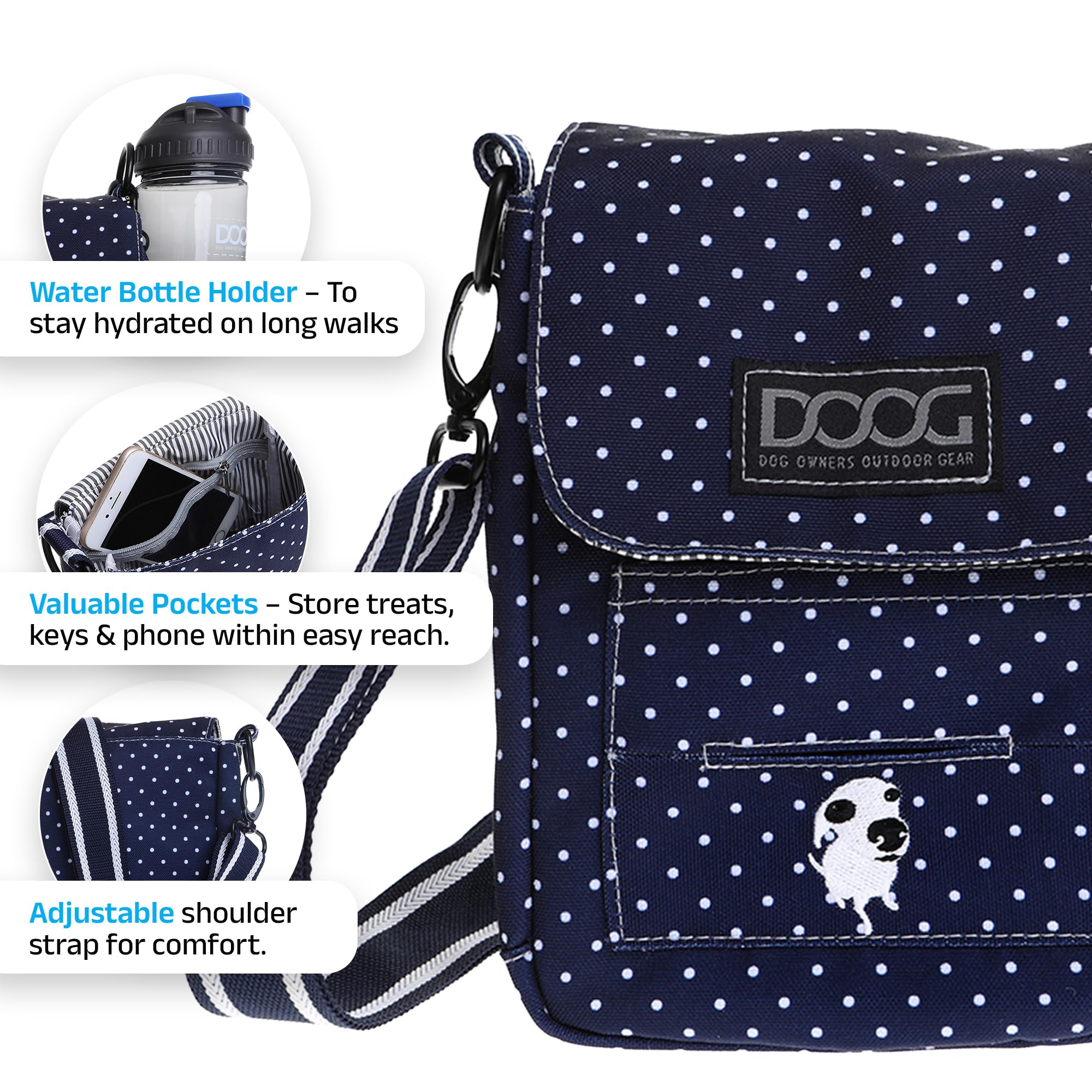 DOOG Adjustable Shoulder Walkie Bag with Poo & Water Bottle Compartments - Navy Polka Dot Pet Walking Bag for Dogs, Outdoor Adventures & Daily Walks