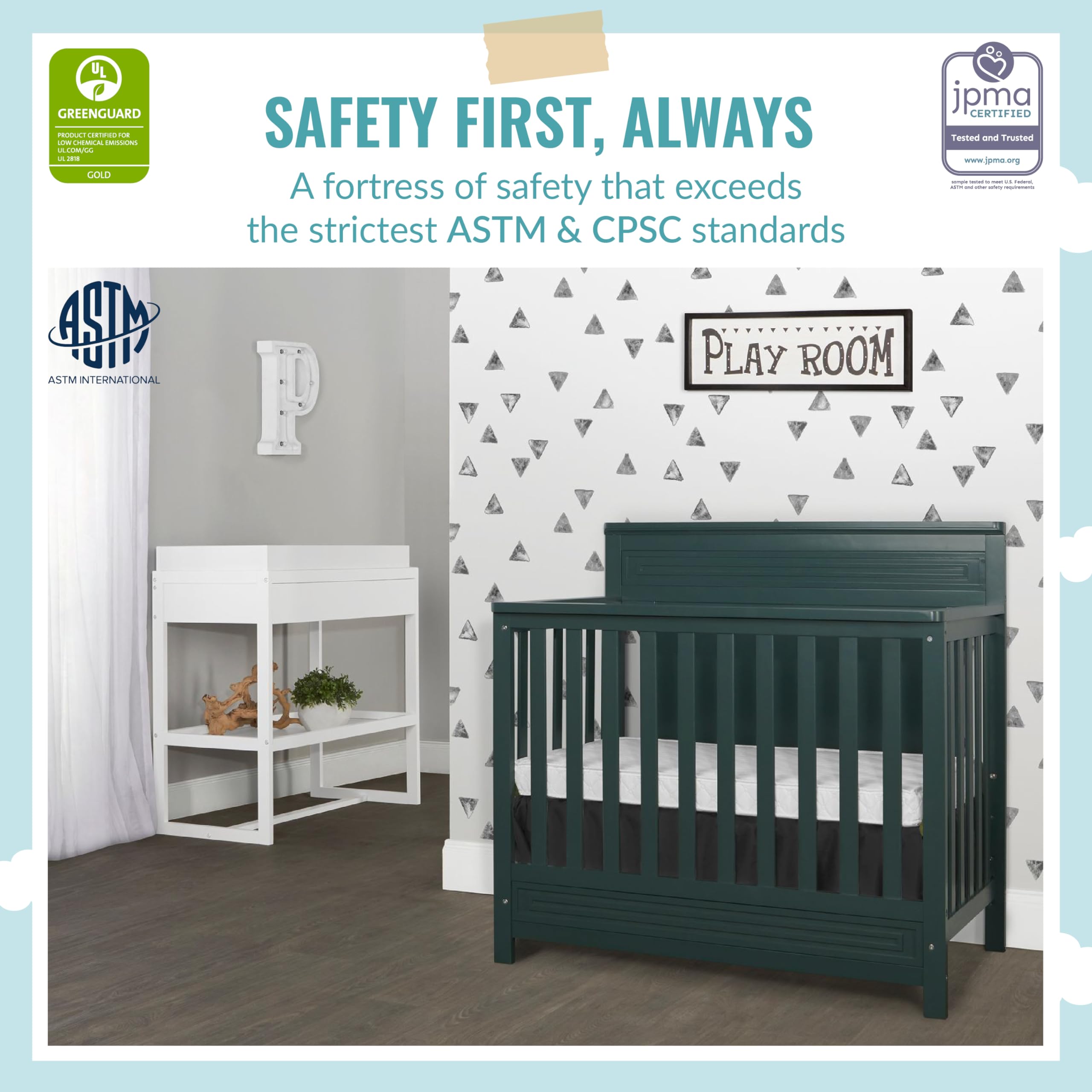 Dream On Me Harbor 4-in-1 Convertible Mini Crib - Solid Pinewood, JPMA Certified, Water-Based Paint Finish (Olive Green) | 3 Adjustable Mattress Heights | Perfect for Nursery, Small Spaces & Travel | Safe Baby Bed for Newborns to Toddlers