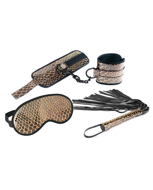 Premium Spartacus Faux Leather Bondage Kit - Wrist Restraints, Blindfold & Flogger Set in Gold | BDSM Gear for Couples, Adult Play & Sensual Exploration