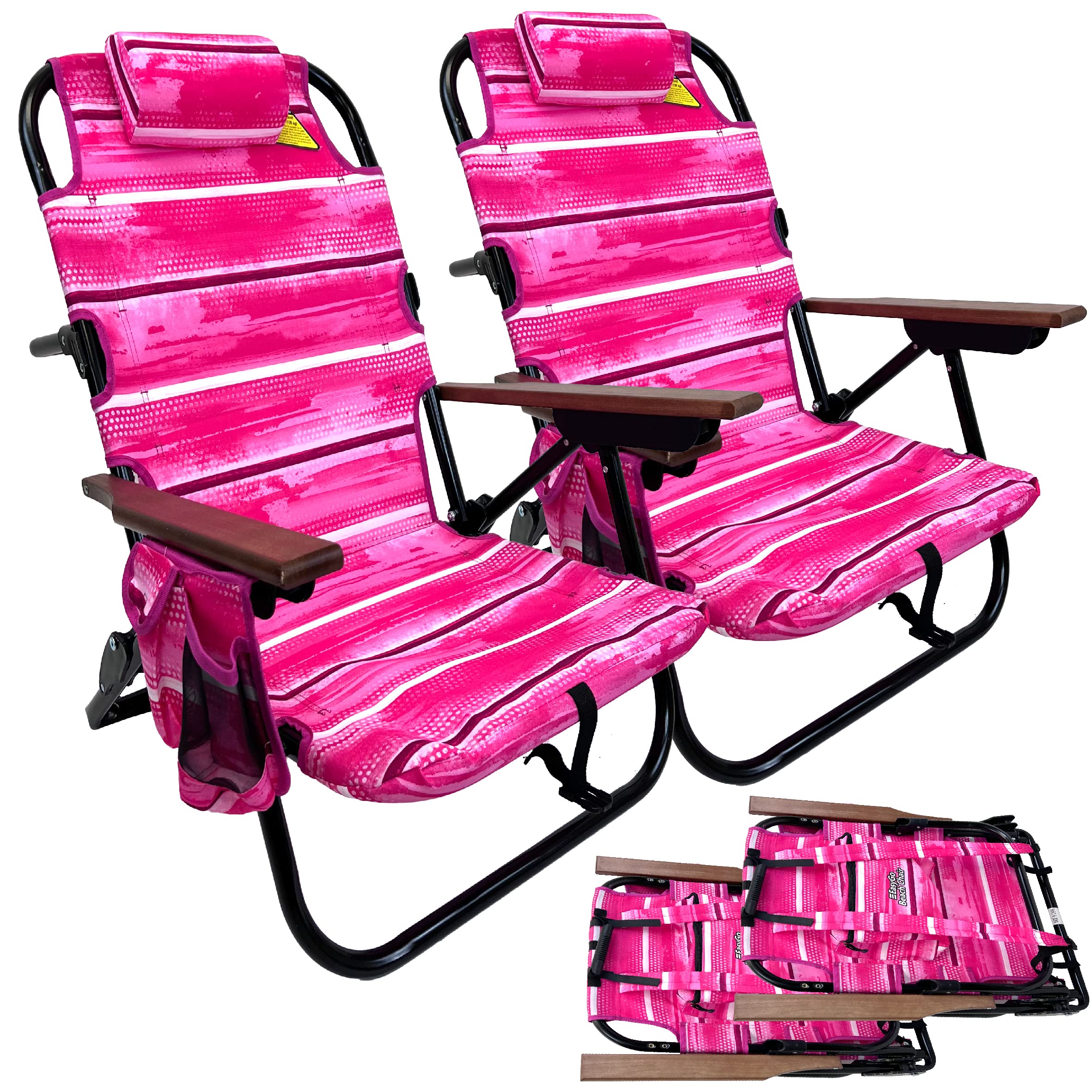 5-Position Adjustable Beach Chair with Cup Holder & Storage Pouch - Lightweight Rustproof Aluminum Frame & Padded Pillow - Perfect for Beach, Camping, Backyard & Outdoor Relaxation (2 Pack, Pink Stripes)