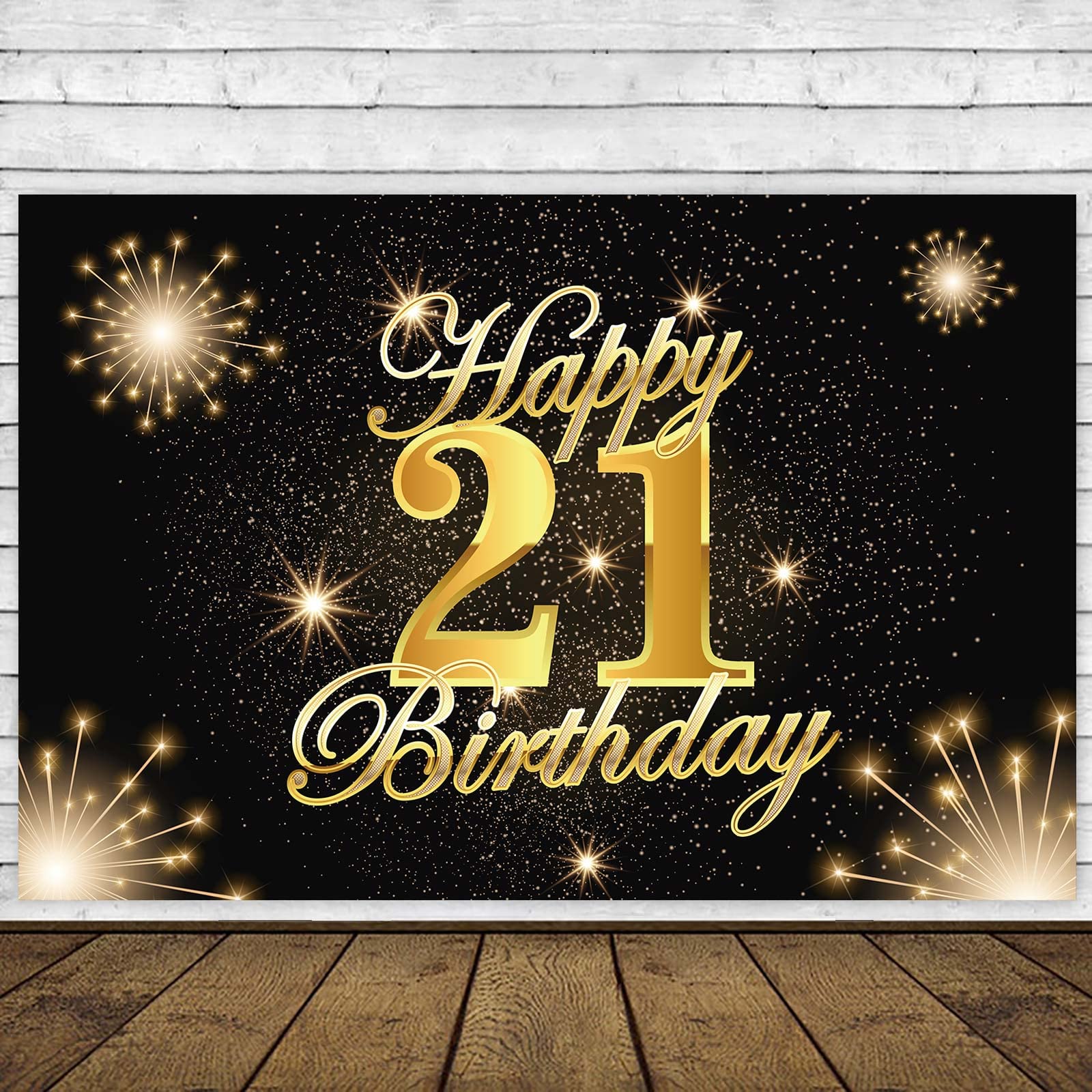 21st Birthday Banner Backdrop - Black Gold Sparkle Firework Star Theme Party Decor | Cheers to 21 Years Celebration | Perfect for 21st Birthday Party, Anniversary, Photo Booth & Wall Decorations