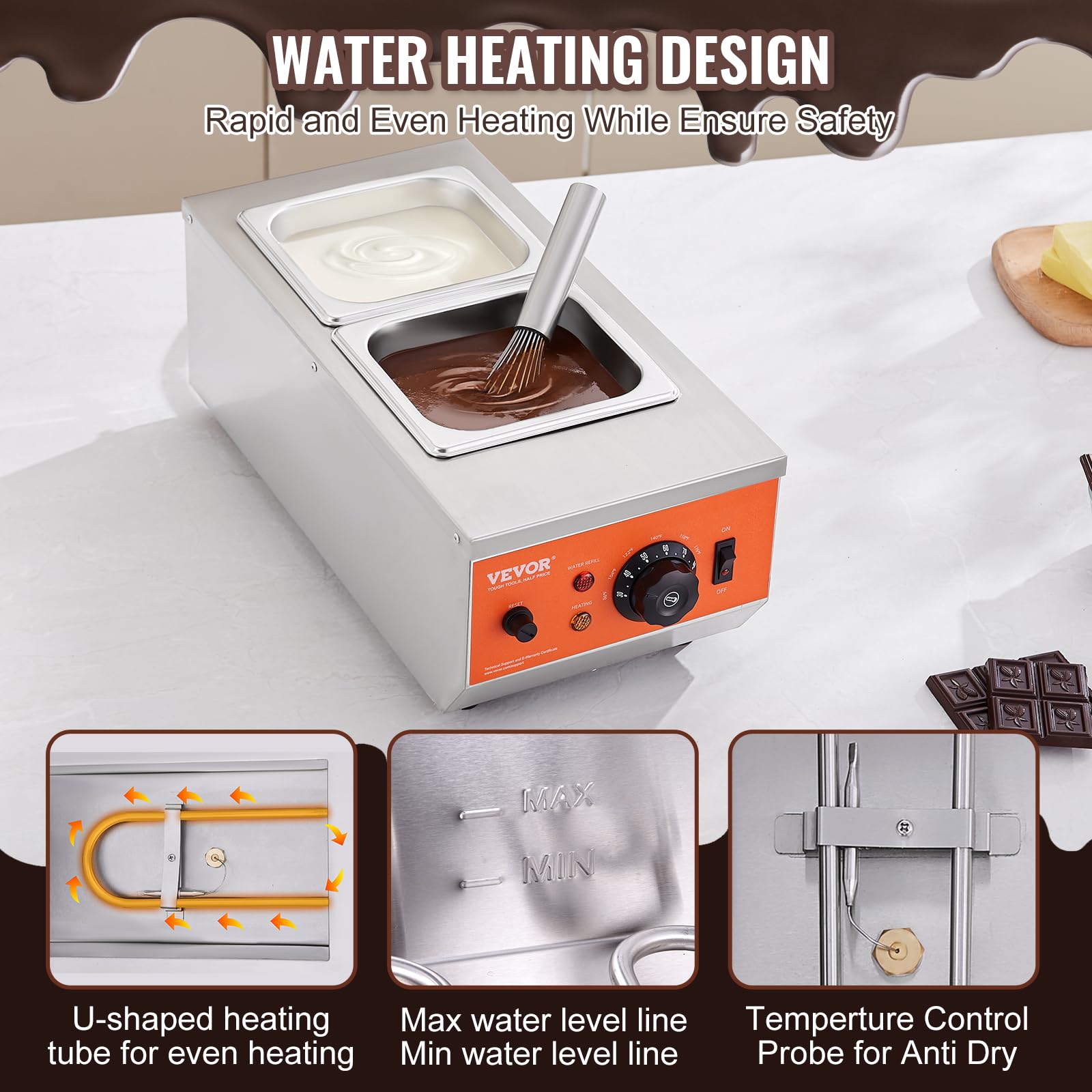VEVOR Commercial Chocolate Tempering Machine - 9 Lbs Capacity, Dual Tank Electric Chocolate Melter with Precise Temperature Control (86-185°F), 800W Stainless Steel Food Warmer for Melting Chocolate, Milk & Cream - Perfect for Candy Shops, Bakeries & Home Chocolate Making