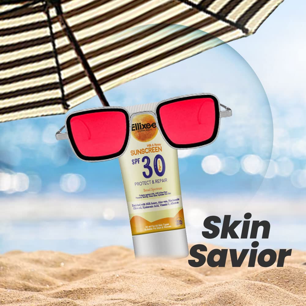 Ellixee Milk and Honey Sunscreen SPF 30 - Natural Moisturizing Face & Body Sunscreen for Daily Protection - Perfect for Beach, Pool & Outdoor Activities