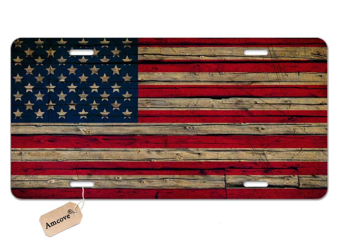 Amcove 4th of July American Flag License Plate - Patriotic Wooden Vanity Metal Novelty Sign (6x12 Inch) - Perfect for Car Decoration, Home Wall Art & Independence Day Party Decor