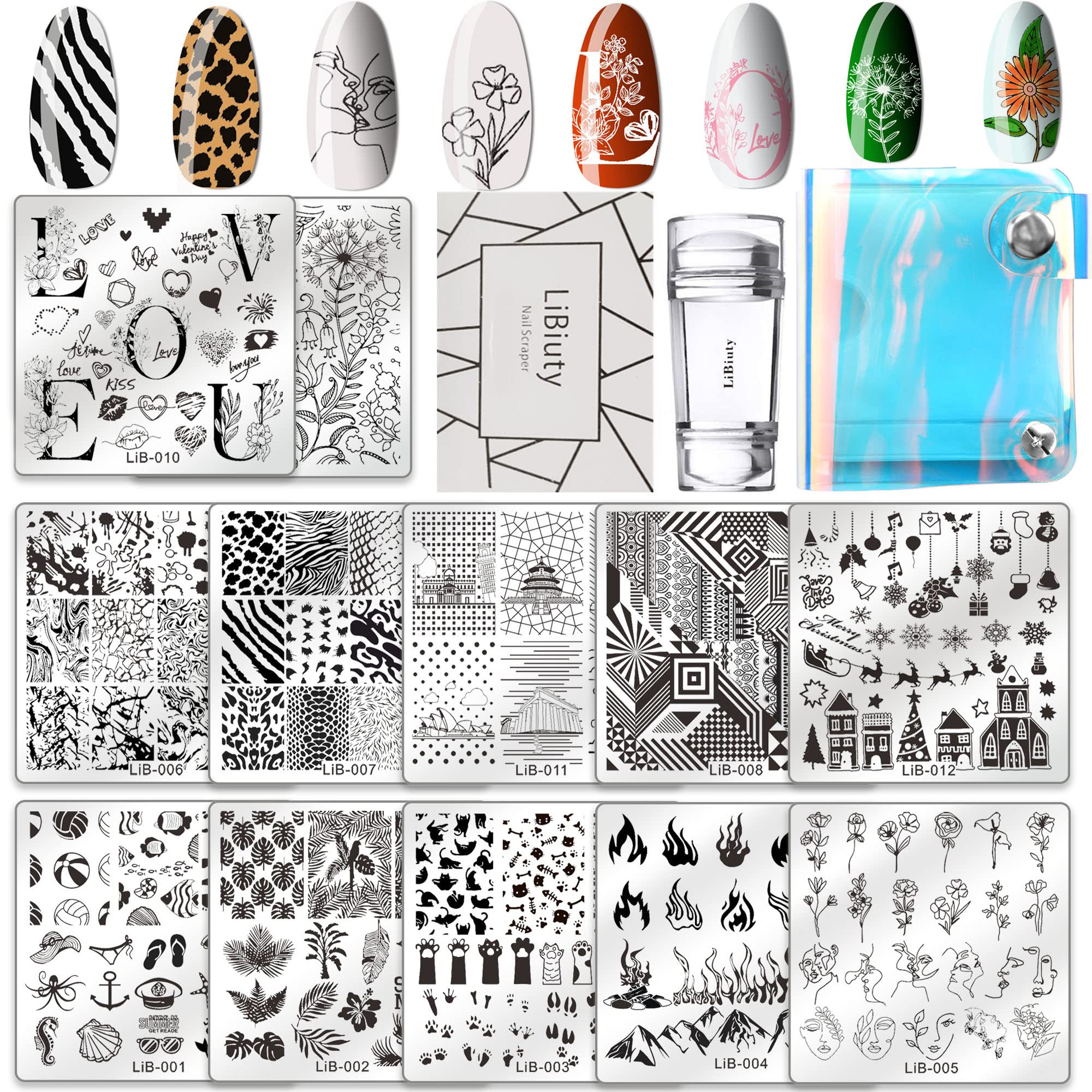 12pcs Nail Stamping Plates Kit with Scraper & Silicone Stamper - Floral Animal Mandala Mermaid Designs for Professional Nail Art | Perfect for DIY Manicures, Salon Use, and Holiday Nail Designs (Christmas, Summer)
