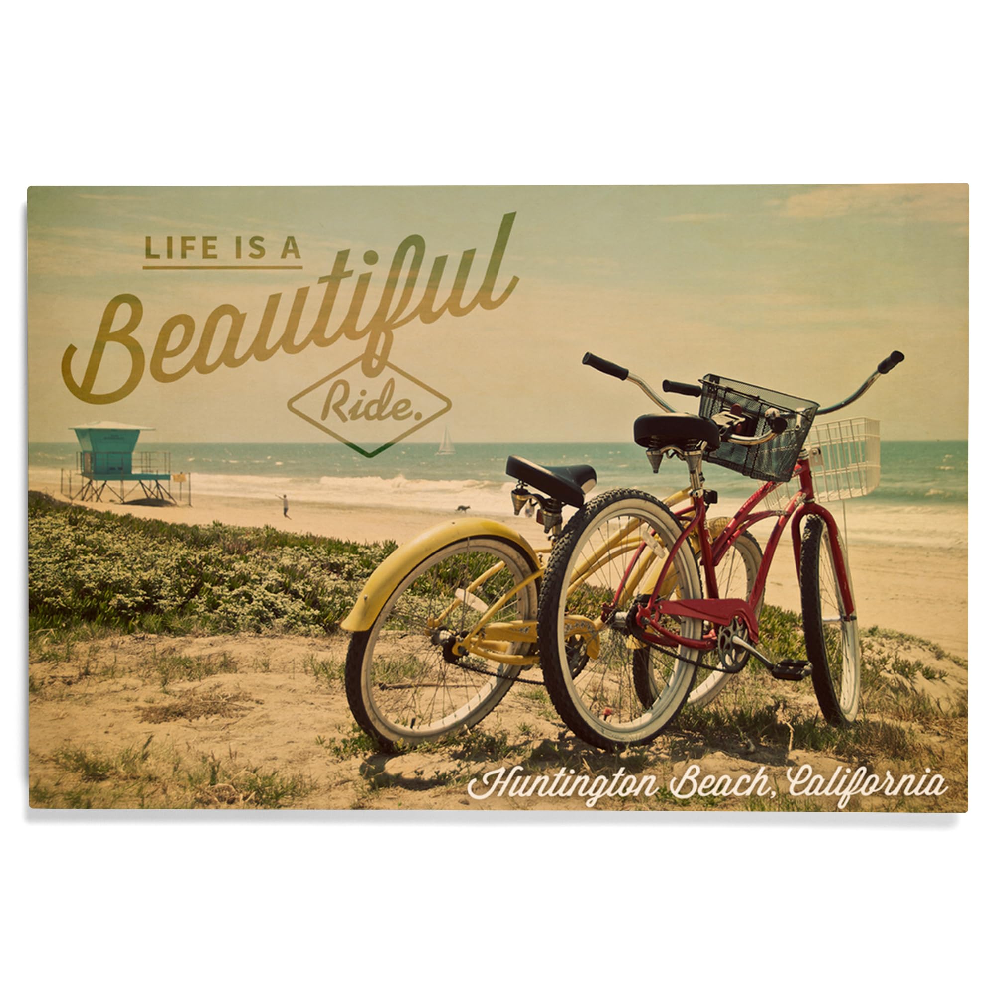 Premium 12x18 Inch Wood Wall Sign - 'Life is a Beautiful Ride' Huntington Beach California Decor | Ready to Hang Beach Cruiser Art for Home, Office, or Coastal Living Spaces