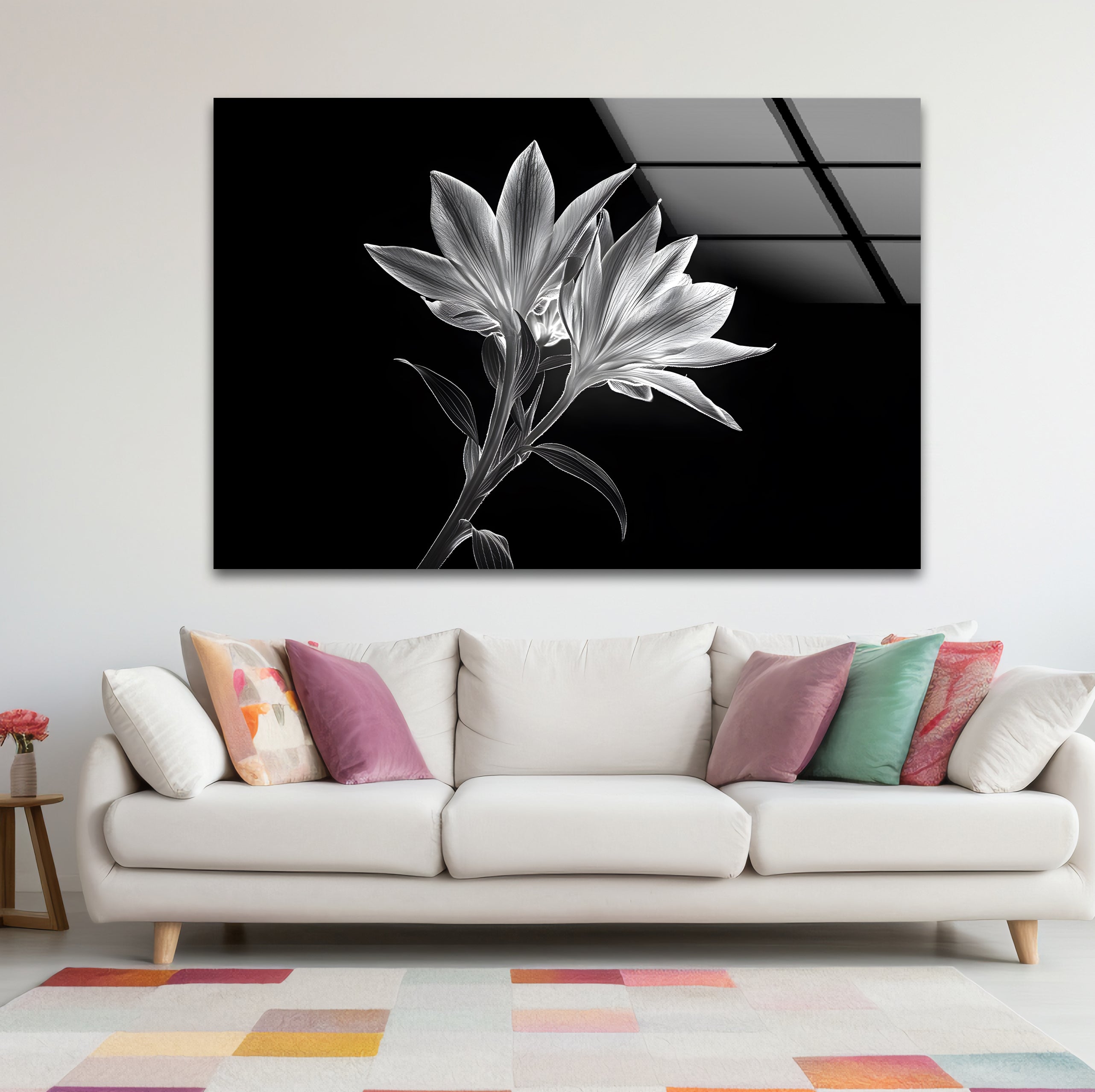Black and White Xray Lilies Glass Wall Art - Elegant Floral Decor for Living Room, Bedroom, or Office - Perfect for Home and Office Decor