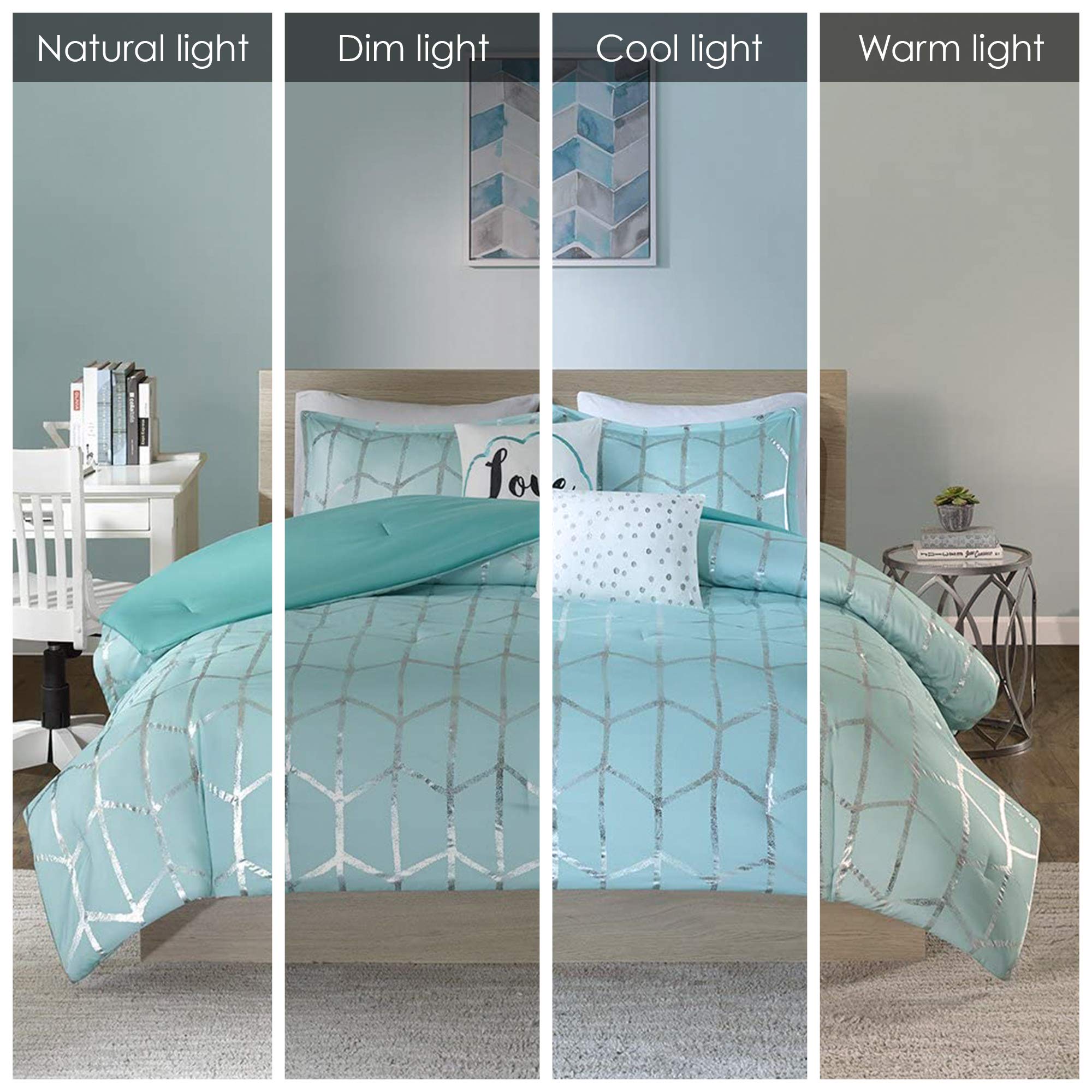 Premium Microfiber King/Cal King Comforter Set - Modern Geometric Metallic Design with 2 Shams & 2 Decorative Pillows - Ultra Soft College Bedding in Aqua Blue - Perfect for Dorm Rooms, Guest Bedrooms & Master Suites