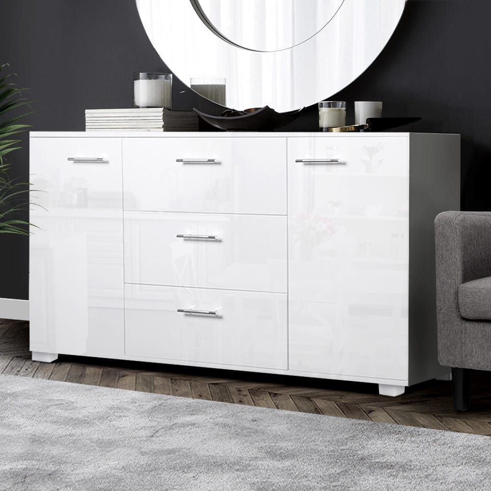 Modern High Gloss Sideboard Storage Cabinet - White Wooden Buffet Cupboard for Dining Room & Living Room Organization