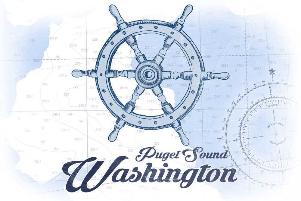 Puget Sound Washington Ship Wheel Blue Coastal Icon - 36x54 Giclee Gallery Print, Travel Poster Wall Decor for Nautical & Coastal Home Decor, Office, Living Room