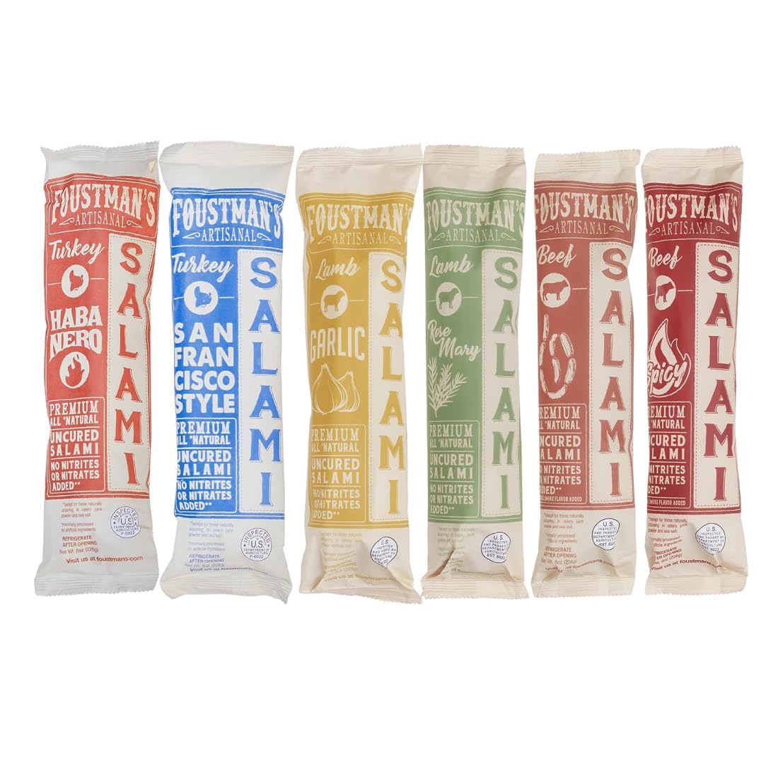 Foustman's Salami Variety Pack - 6 Nitrate-Free, Naturally Cured, Gluten-Free & Dairy-Free Sausages (San Francisco Style, Turkey Habanero, Spicy Beef, Lamb Garlic & Rosemary) 8oz Each - Perfect for Charcuterie Boards, Picnics & Keto Snacking