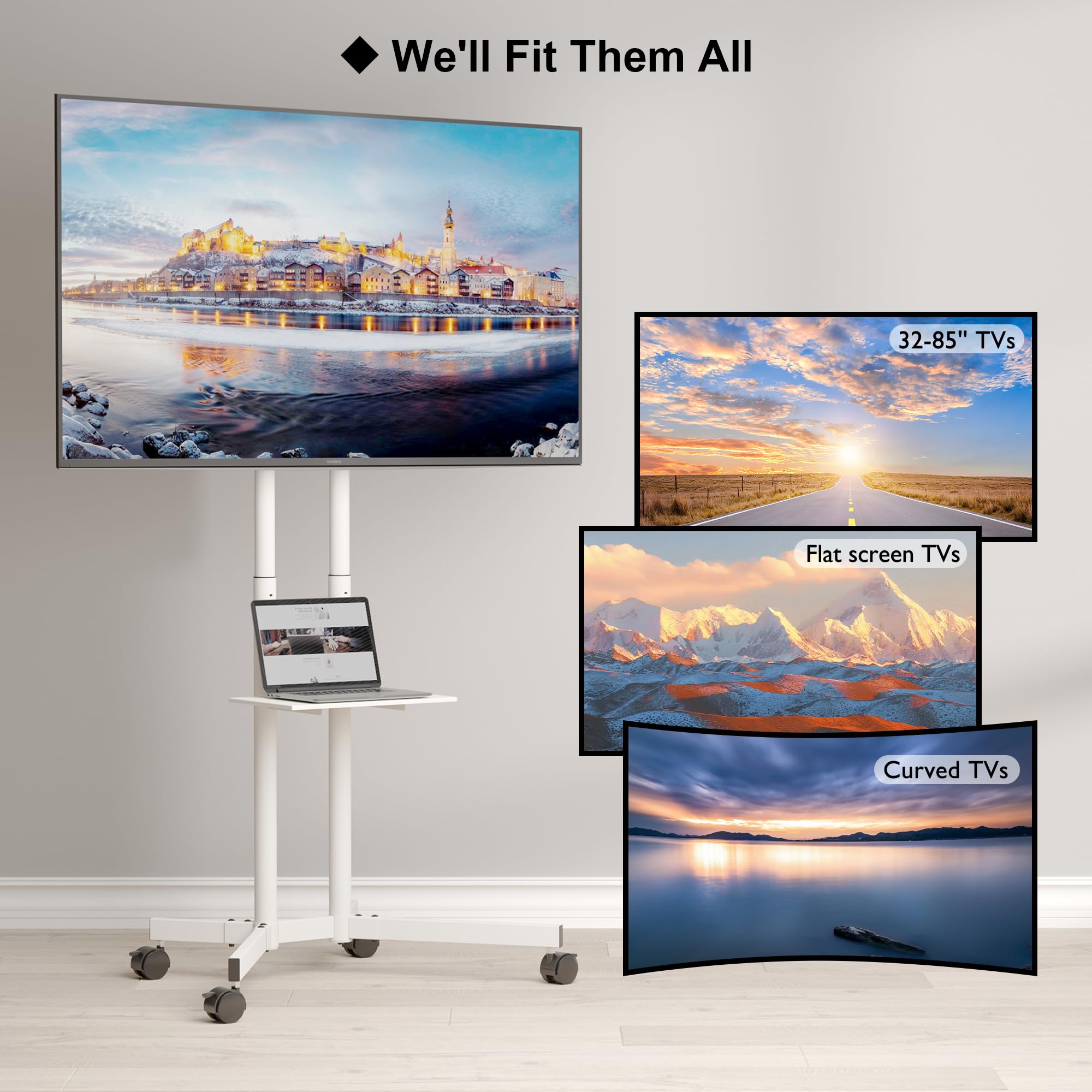 BONTEC Adjustable Rolling TV Stand for 32-85 Inch LED, LCD, OLED, 4K TVs - Mobile Height Adjustable TV Cart with Laptop Shelf, Locking Wheels (132lbs Capacity, 600x400mm VESA) - Perfect for Living Rooms, Bedrooms, and Home Theaters - White