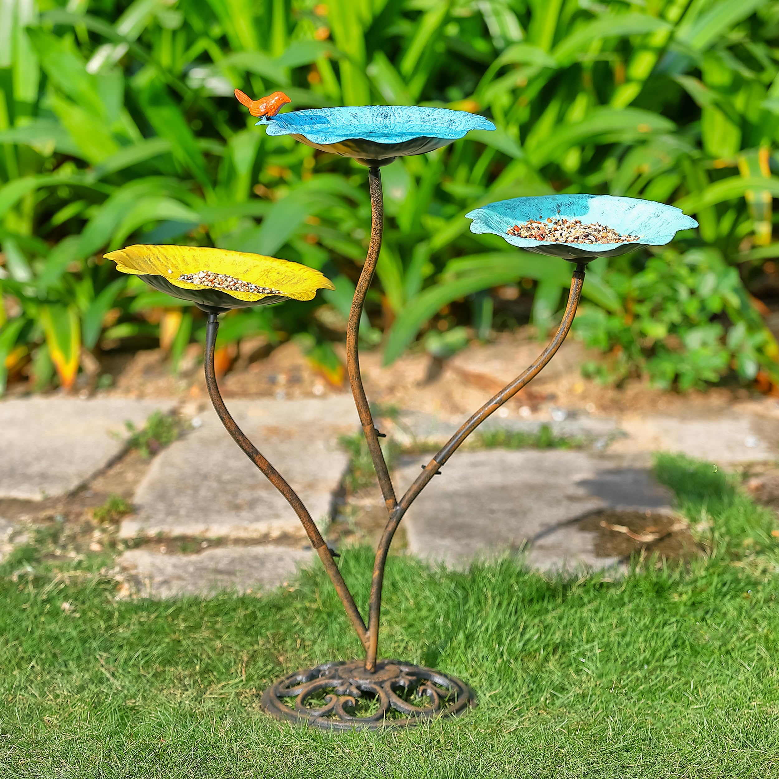 Heavy Duty Cast Iron Pedestal Bird Bath and Feeder Combo for Outdoor Garden - Stable, Weatherproof & Easy to Clean Wildlife Water Fountain - Perfect for Attracting Birds to Your Backyard, Patio or Lawn Decoration