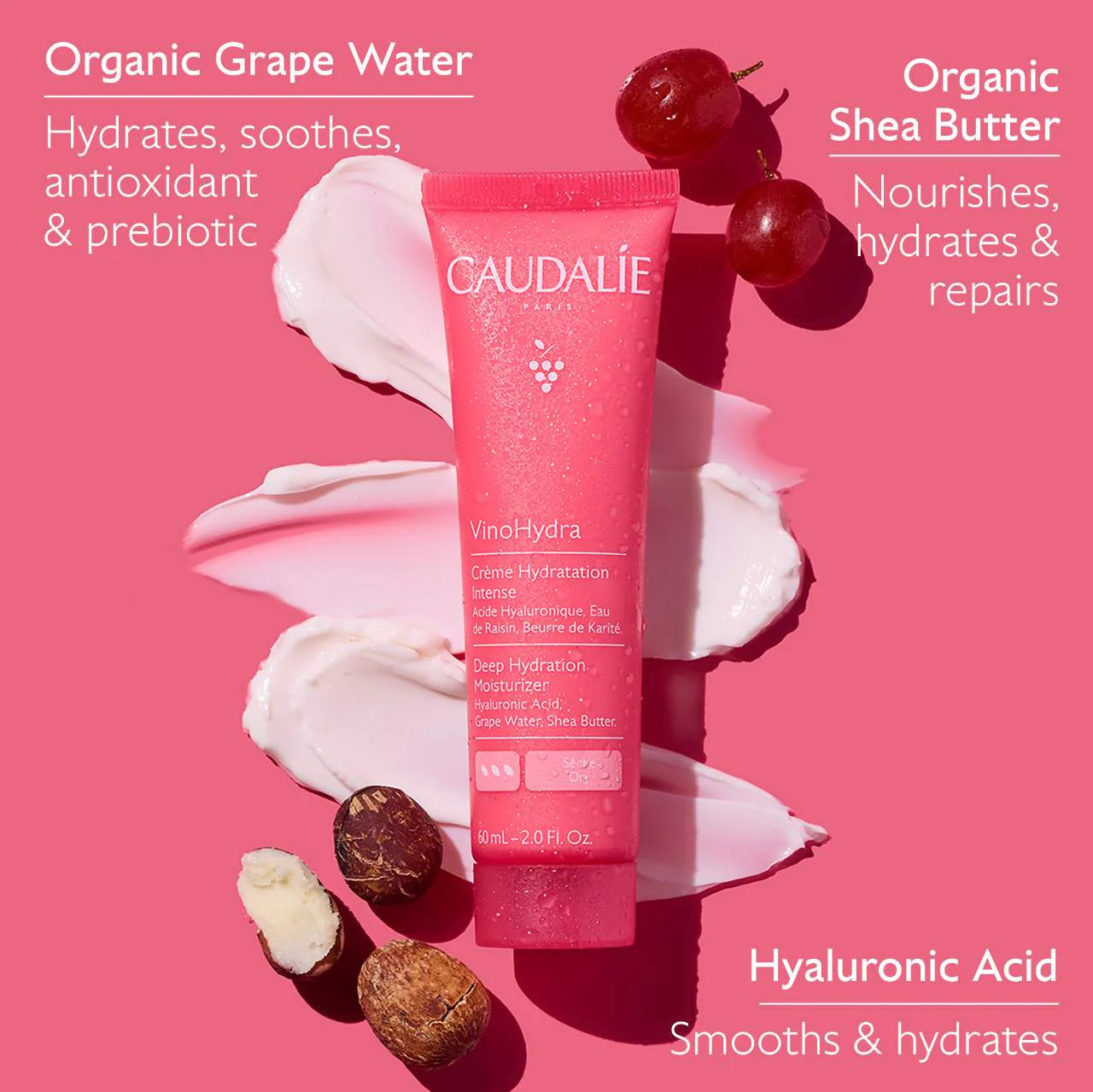 Caudalie VinoHydra Deep Hydration Moisturizer 60ml - Intense Hydrating Face Cream for Dry Skin | Day & Night Moisturizer for Glowing Skin | Perfect for Winter Skincare Routine & Travel Essentials