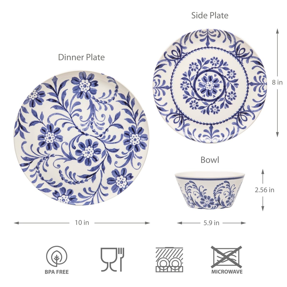 12-Piece Outdoor Dinnerware Set - Indigo Floral Design for Picnics, BBQs, and Garden Parties