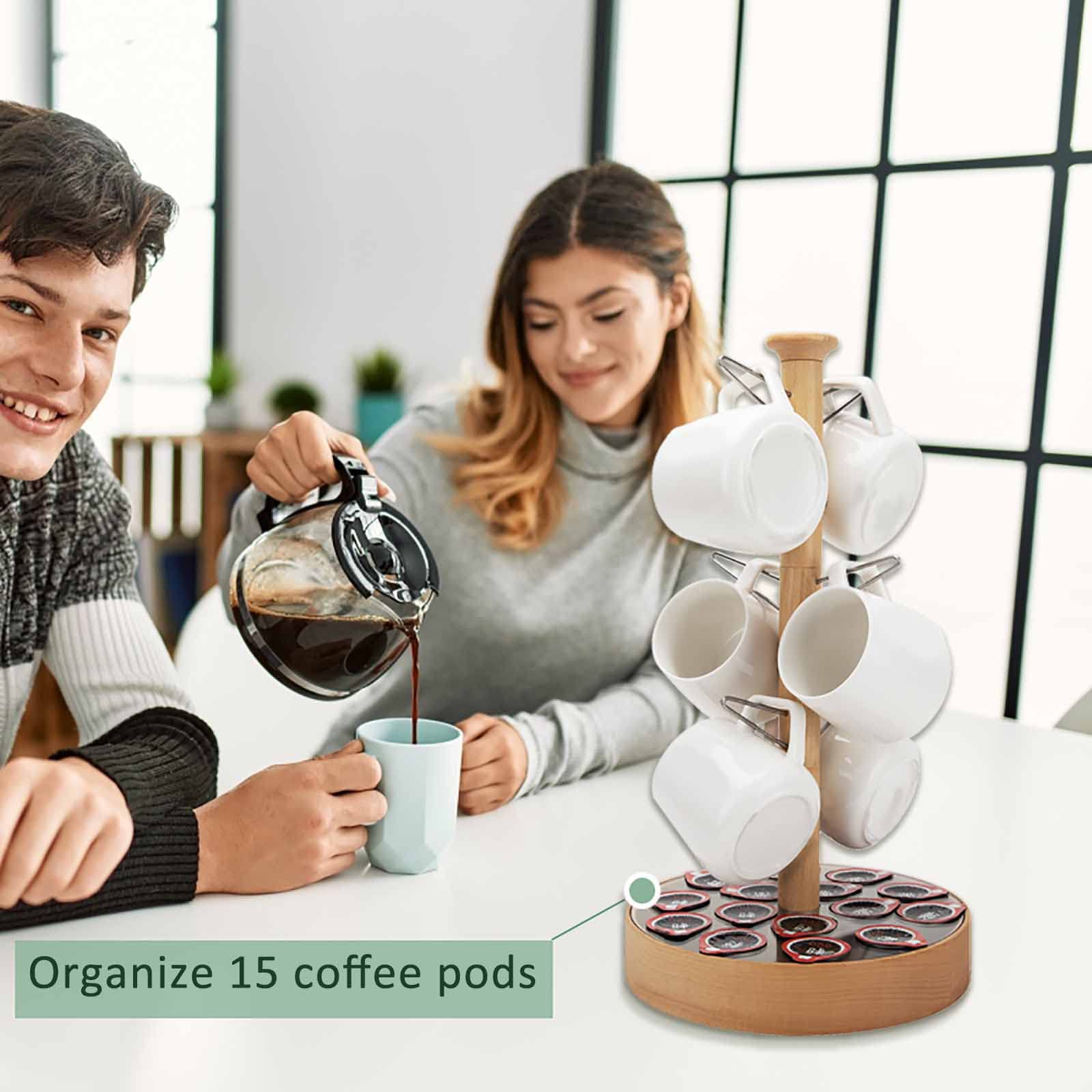 Wooden Mug Tree Coffee Cup Holder - Countertop Organizer for 6 Mugs & 15 Coffee Capsules - Space-Saving Coffee Bar Accessory for Home, Office & Kitchen Decor (Perfect for Coffee Lovers & Small Spaces)