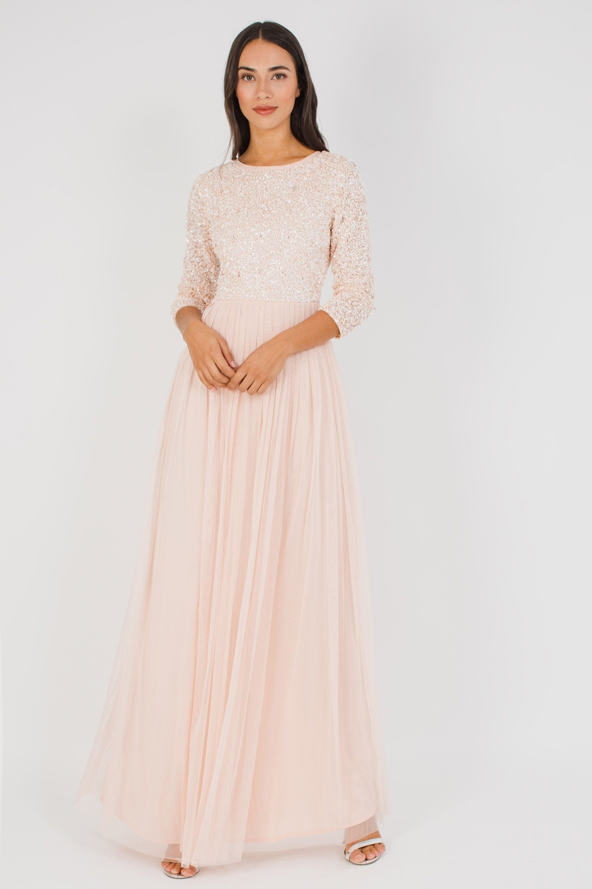 Belle Picasso Long Sleeve Maxi Dress in Nude - Elegant Women's Formal Evening Gown for Weddings, Parties & Special Occasions