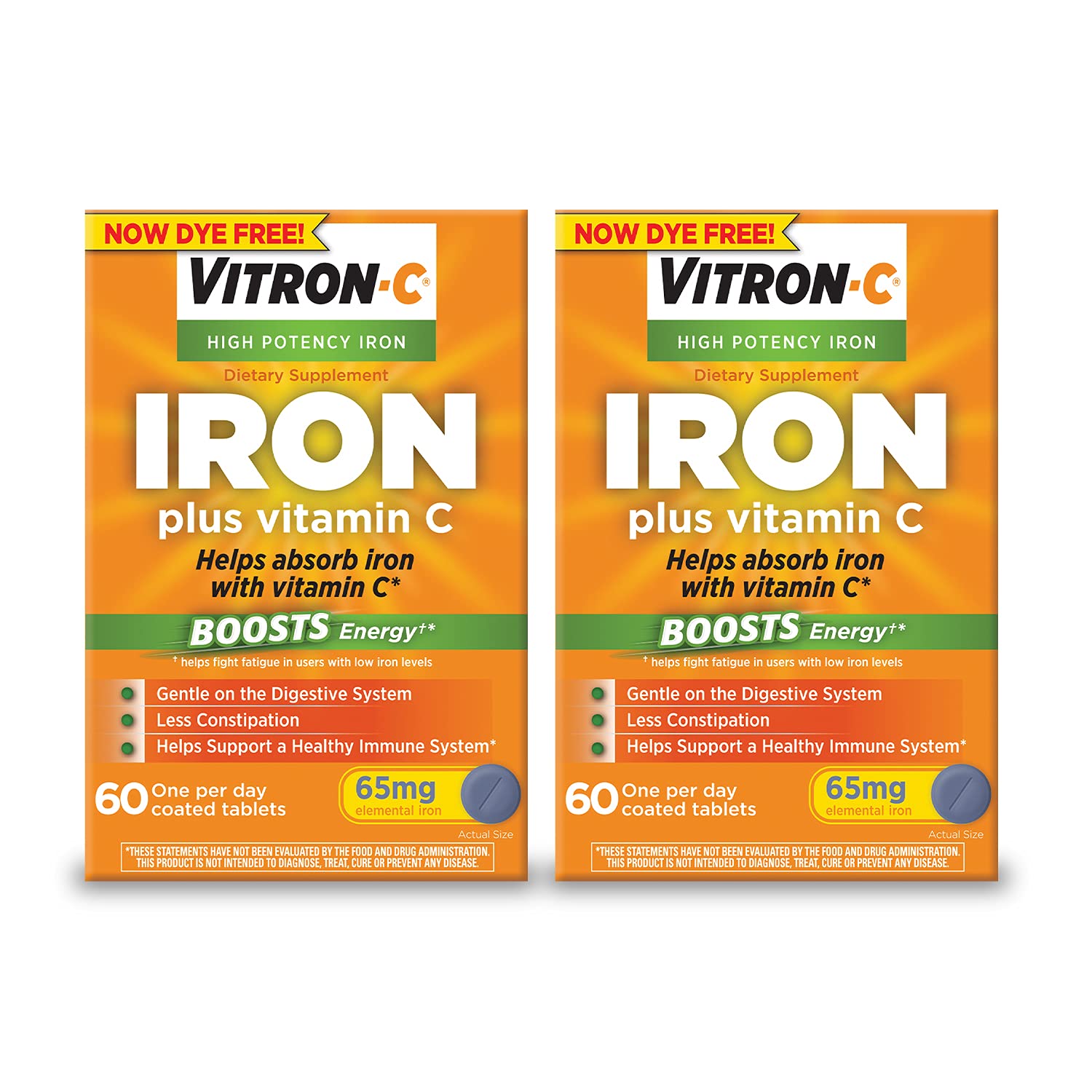 Vitron-C High Potency Iron Supplement with Vitamin C - 60 Tablets (2 Pack) | Once Daily Iron Pills for Red Blood Cell Support | Dye-Free Formula | Ideal for Anemia Prevention & Energy Boost