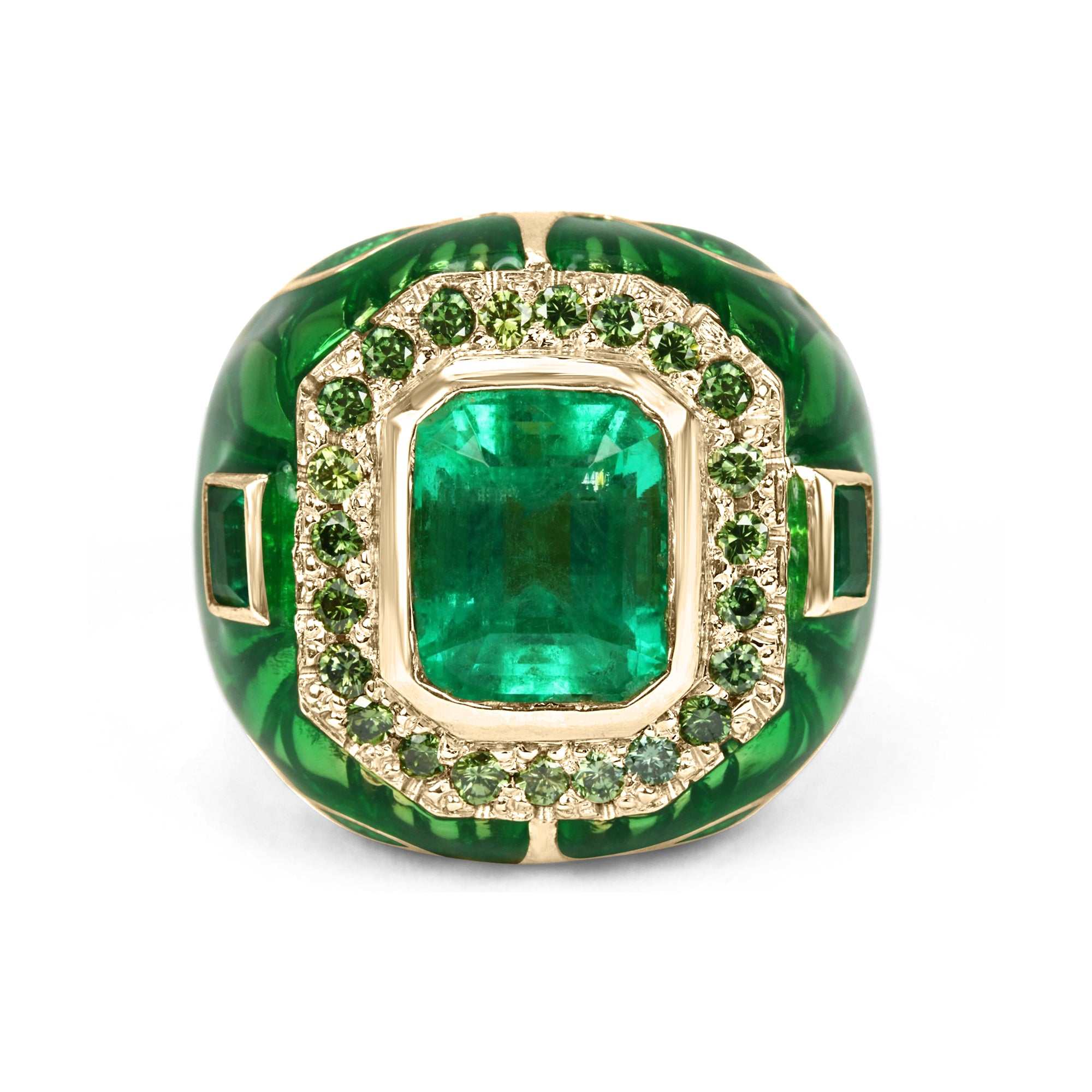 4.45 TCW Men's Colombian Emerald Diamond Enamel Ring in 18K Gold - Elegant Jewelry for Weddings, Anniversaries & Special Occasions