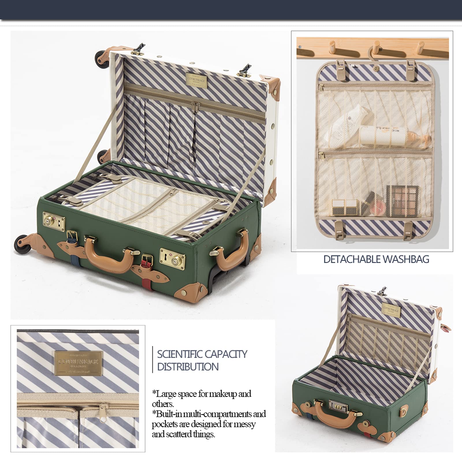 Vintage 2-Piece Luggage Set with Spinner Wheels - White & Green Check-in Suitcases for Travel | Perfect for Airplane, Cruise & Business Trips