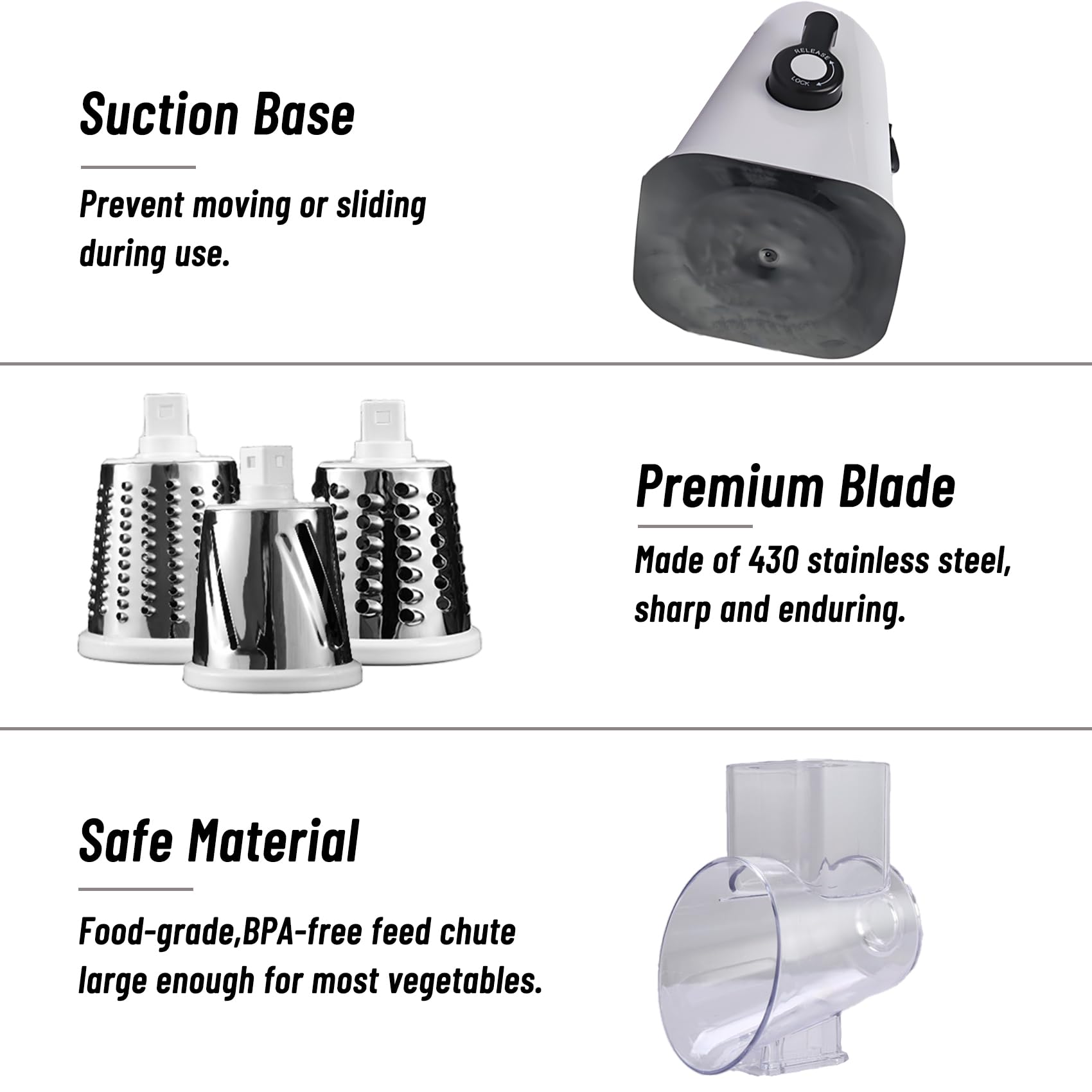 Rotary Cheese Grater with 3 Interchangeable Blades - Manual Speed Round Food Slicer & Nut Grinder with Strong Suction Base - Perfect for Cheese, Vegetables, Walnuts, Chocolate, Potatoes & Carrots (White) - Ideal for Kitchen, Camping & Food Prep