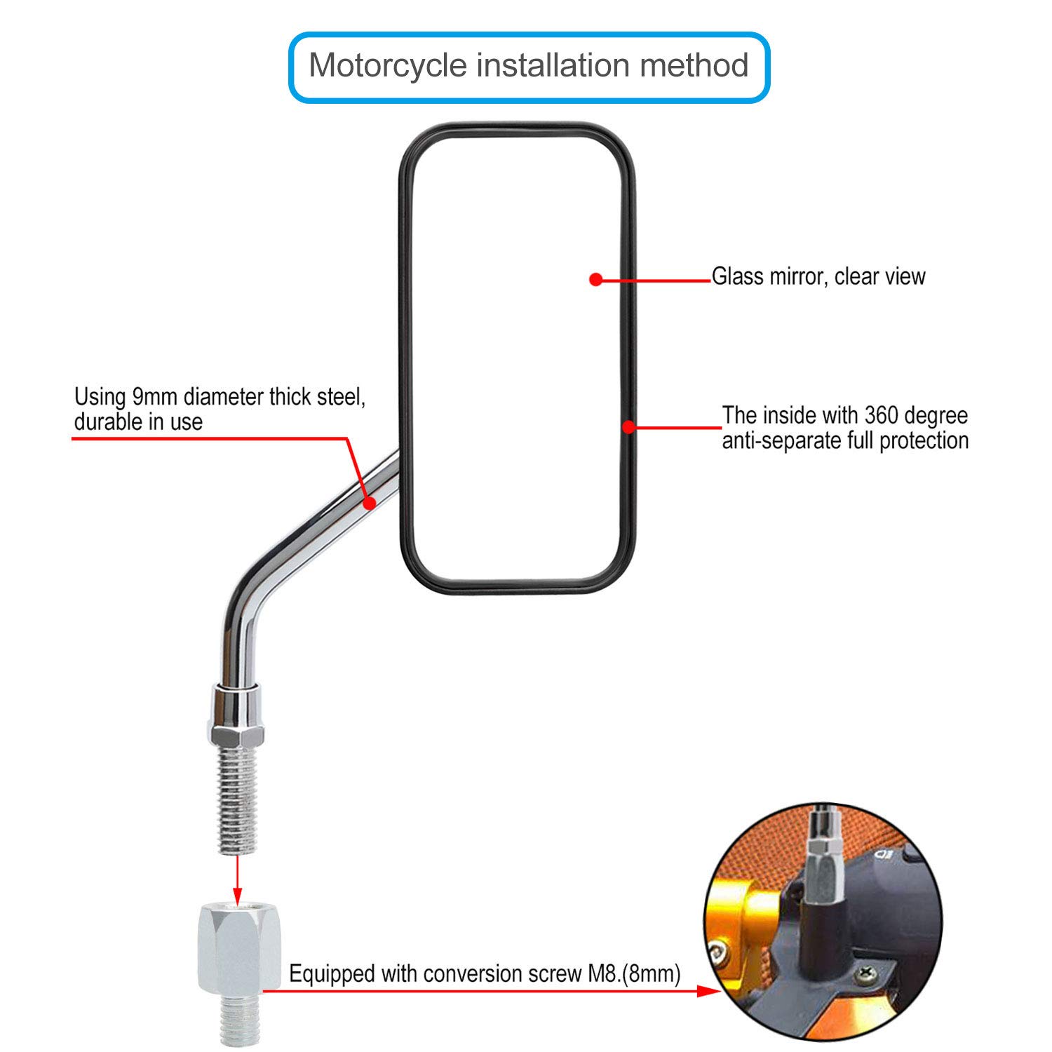 360° Adjustable Bike Mirror Set - Wide Angle Rear View Safety Mirror for Bicycles & Motorcycles | Black Rectangle Design | Perfect for Commuting, Road Cycling & Mountain Biking