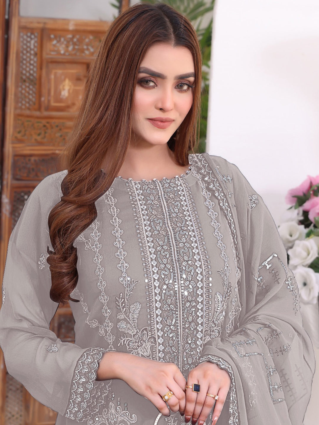 Elegant Beige Designer Georgette Semi-Stitched Pant Suit with Exquisite Embroidery - Perfect for Weddings, Parties & Special Occasions