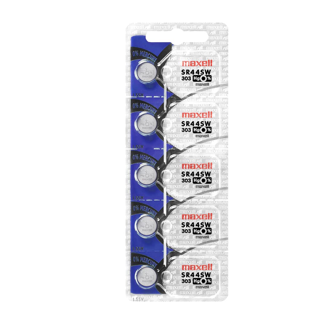 Maxell SR44SW 303 Watch Battery - 5 Pack Button Cell Batteries for Watches, Calculators, and Small Electronics - Long-Lasting Power Supply